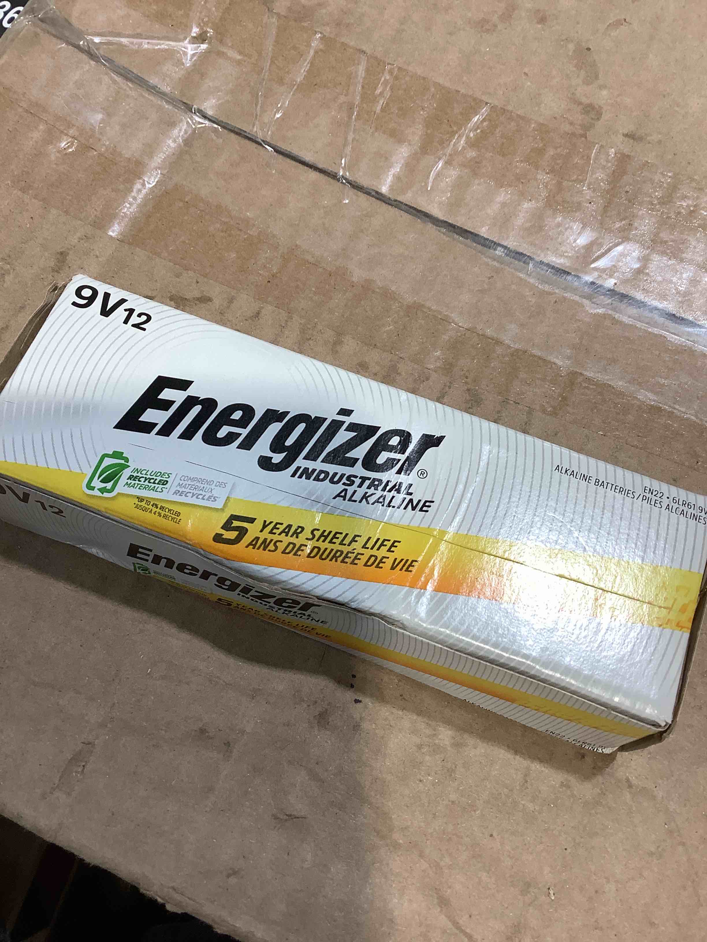 Condition photo showing New/Like New for energizer industrial alkaline battery 9 volts 12-pack, in office