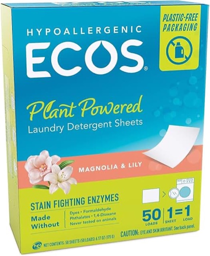 ecos laundry detergent sheets vegan, no plastic jug, no mess & liquid free - laundry sheets in washer - hypoallergenic, plant powered laundry detergent sheets - magnolia & lily - 50 sheets (pack of 1)