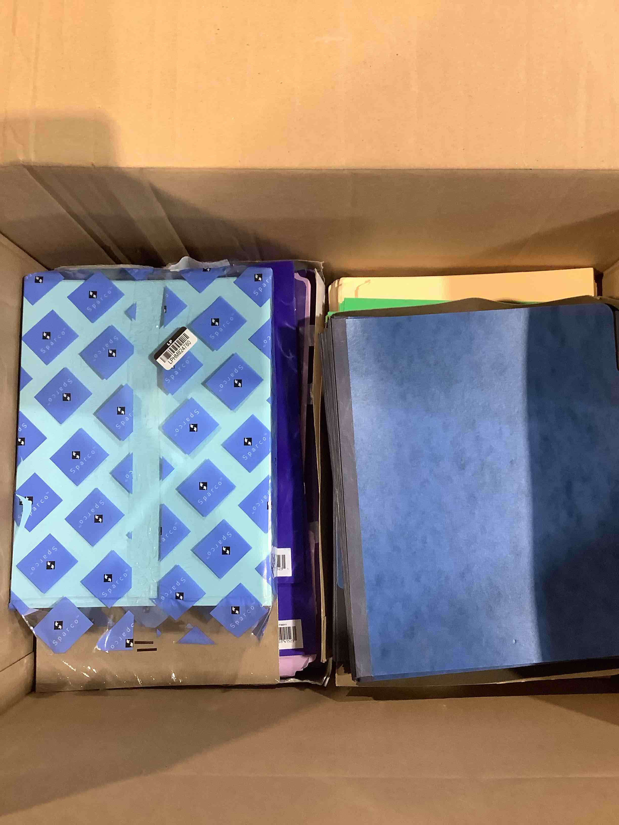 Condition photo showing Good Condition for large box of assorted file folders, colored papers, dividers, presentation folders and more