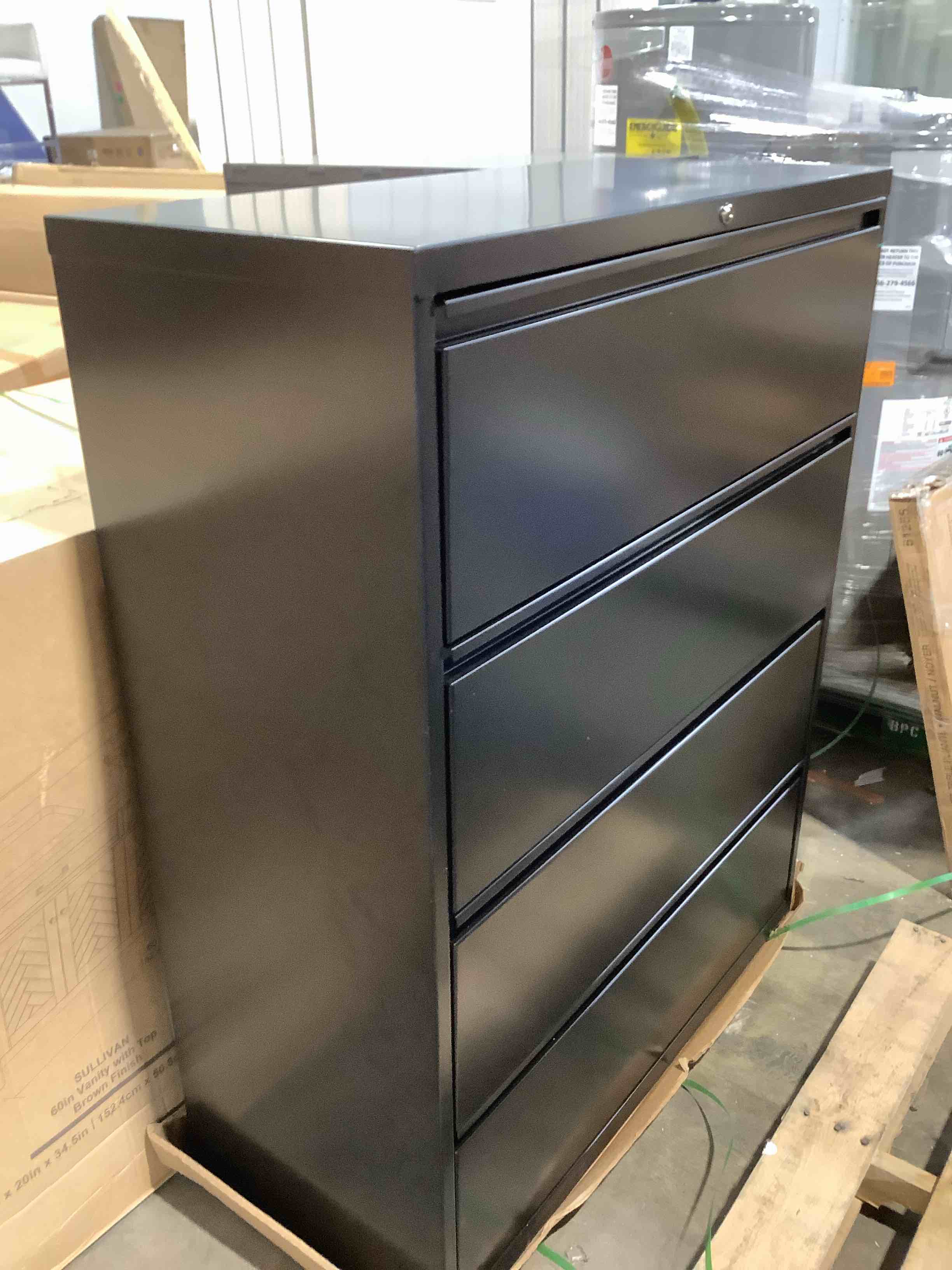 Condition photo showing Good Condition for four drawer 42 inch wide lateral black filing cabinet heavy duty filing