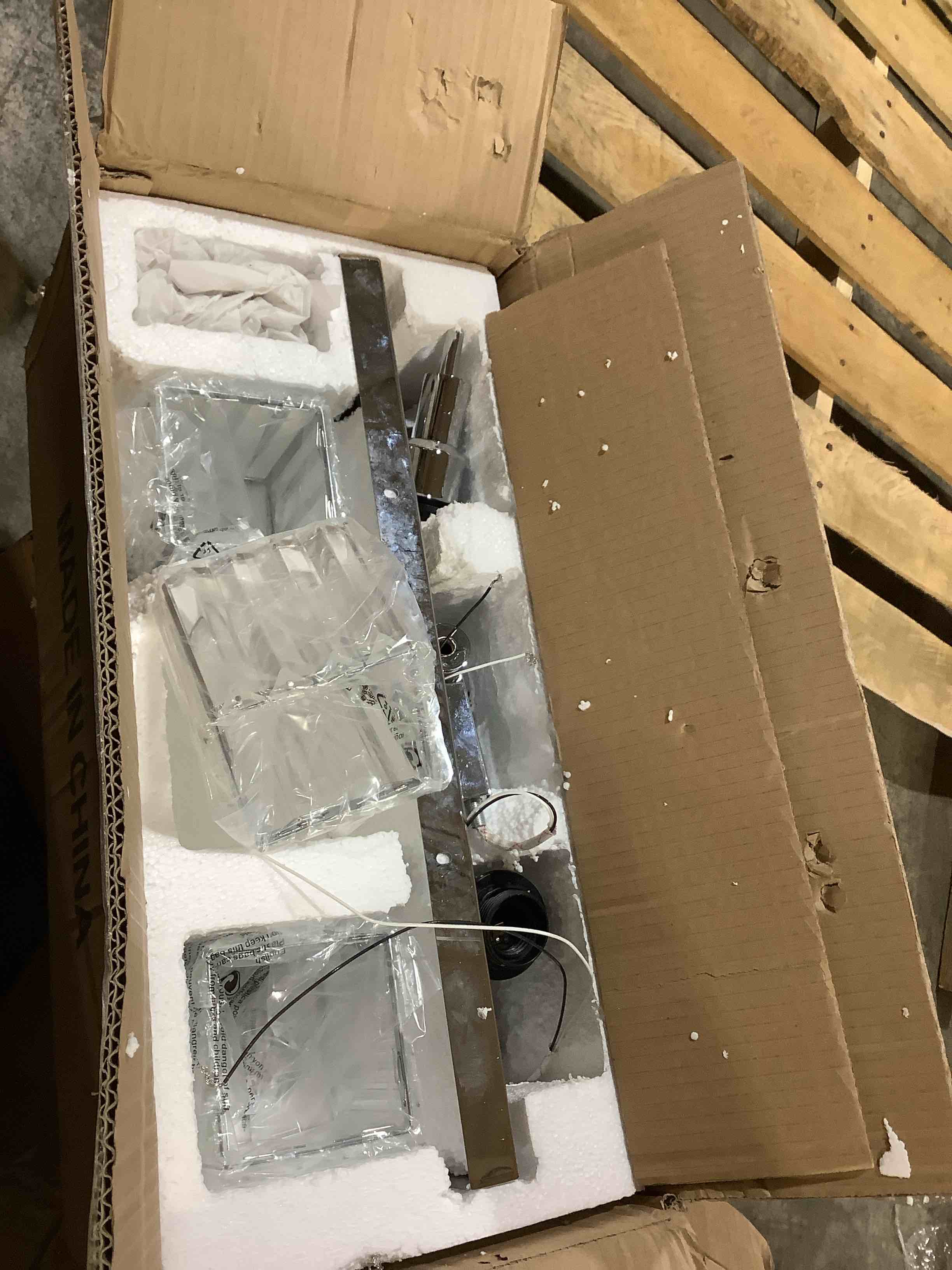 Condition photo showing Good Condition for brushed nickeled 3 light crystal modern bathroom vanity