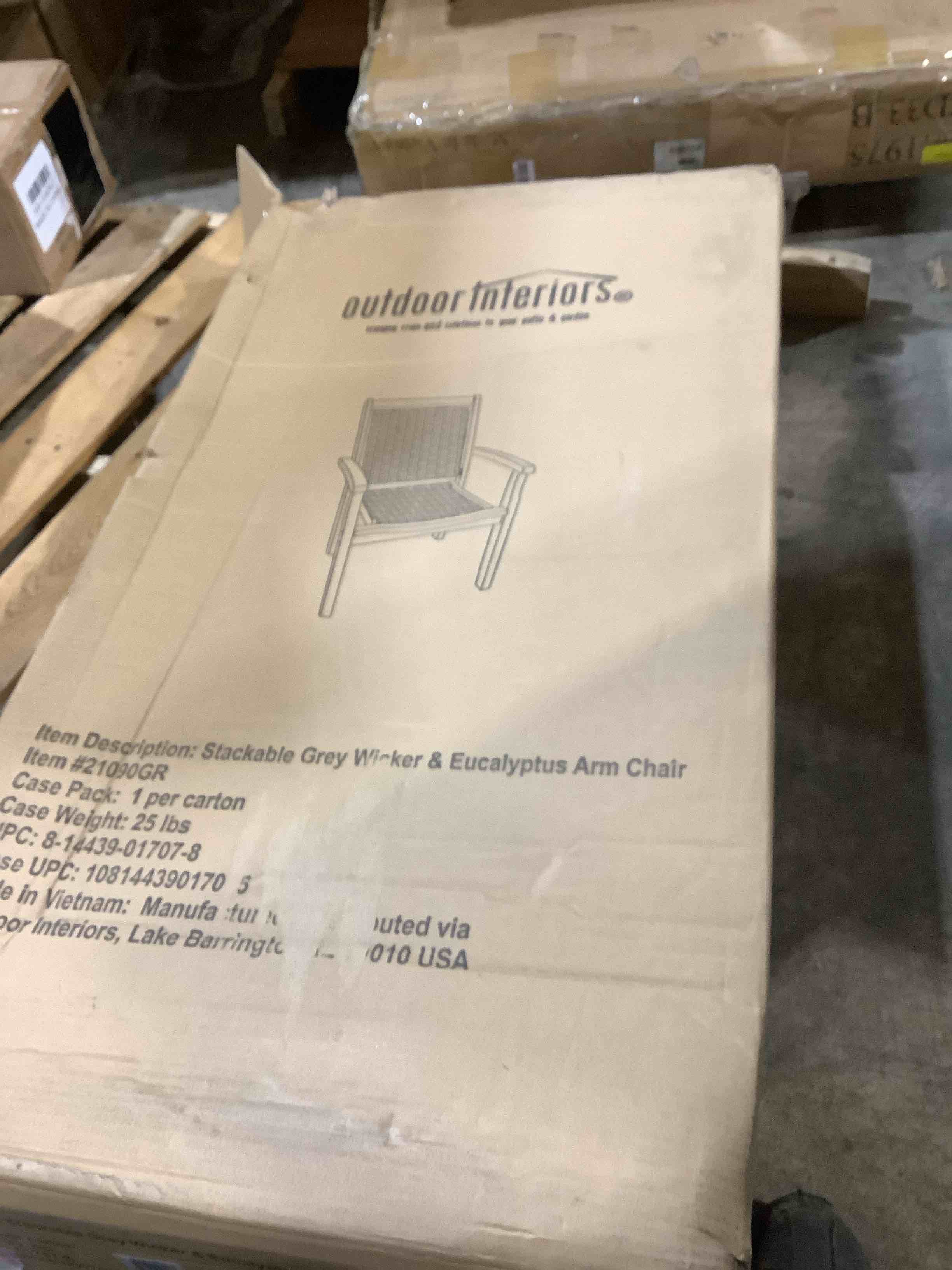 Condition photo showing New/Like New for stackable grey wicker & eucalyptus arm chair er carton 5 lbs 1707-8