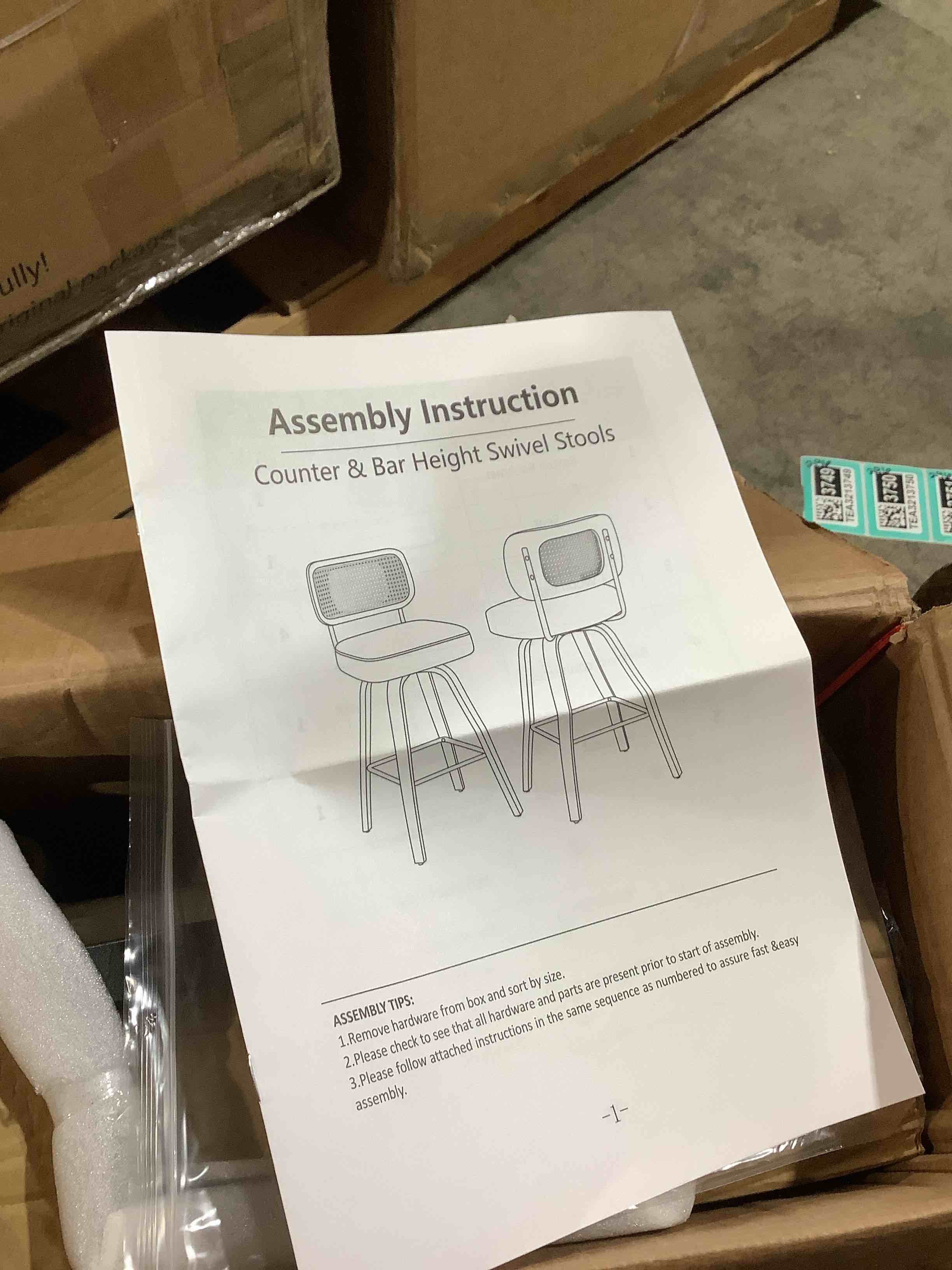 Condition photo showing New/Like New for swivel counter height, barstool upholstered faux leather seat and rattan back