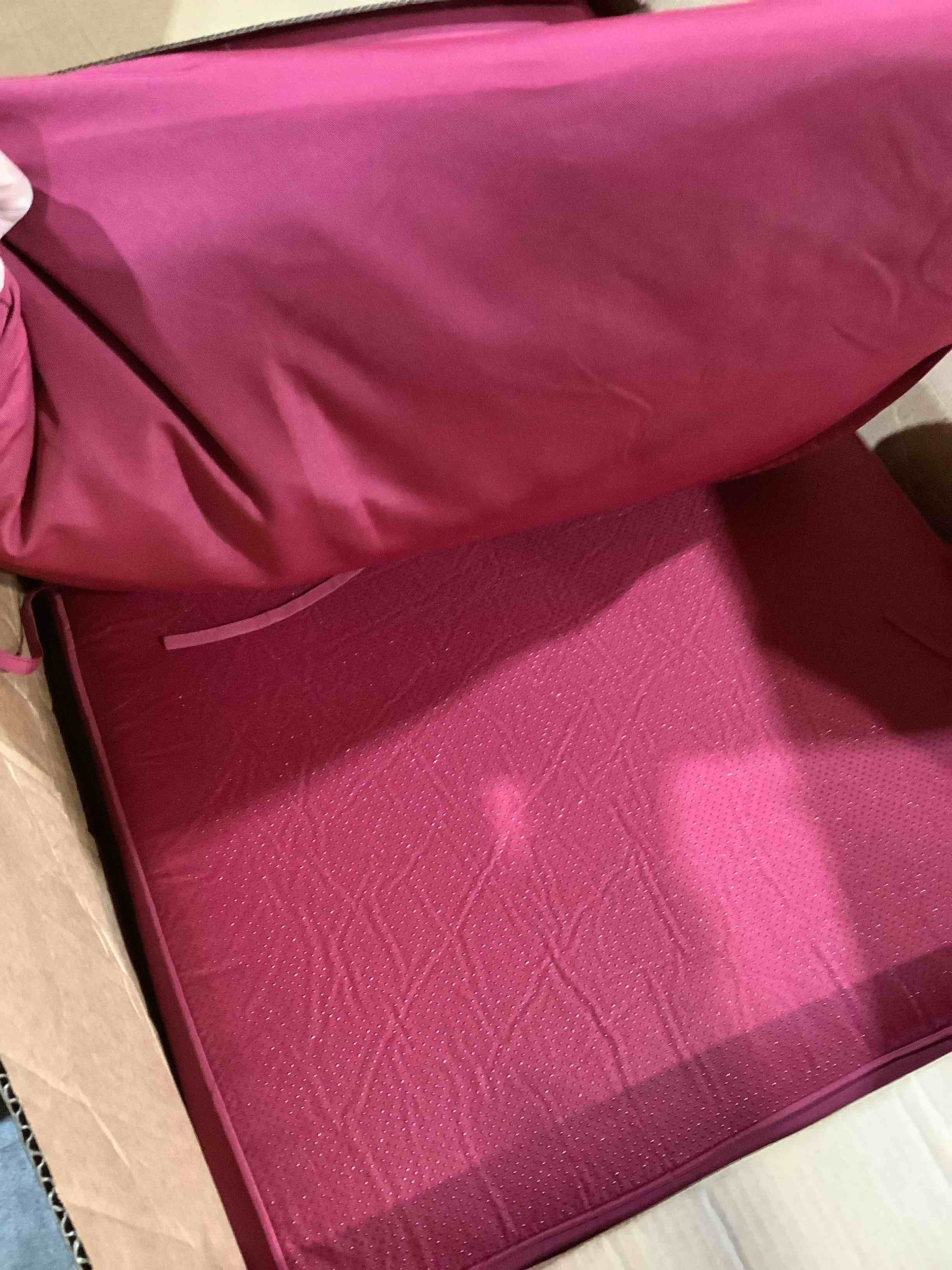 Condition photo showing Good Condition for two maroon pillows, 20" x 24" and one maroon pillow for a chaise lounge 46" x 24"
