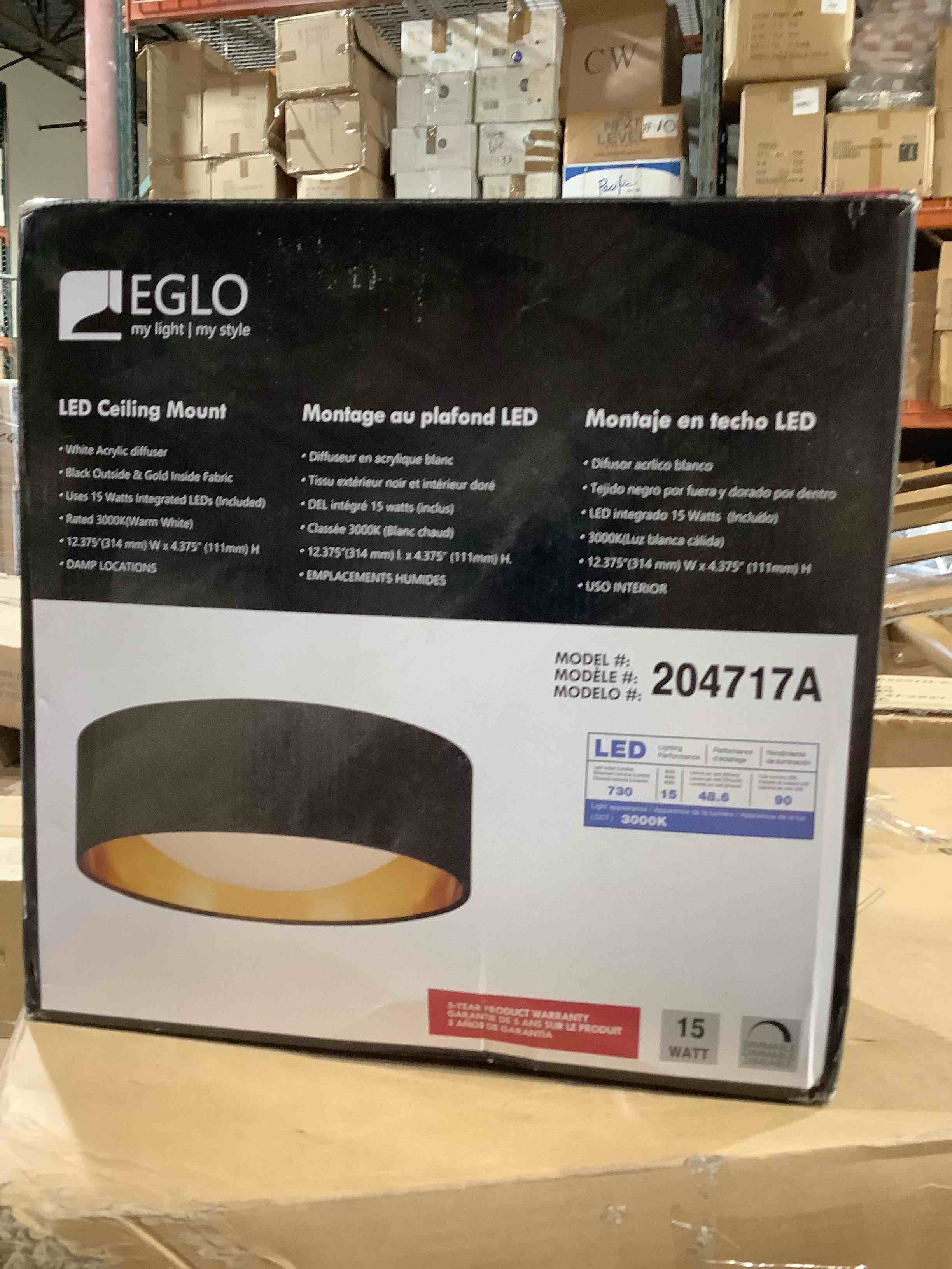 Condition photo showing New/Like New for orme 12 in. w x 4.33 in. h 1-light black/gold led flush mount with white plastic diffuser