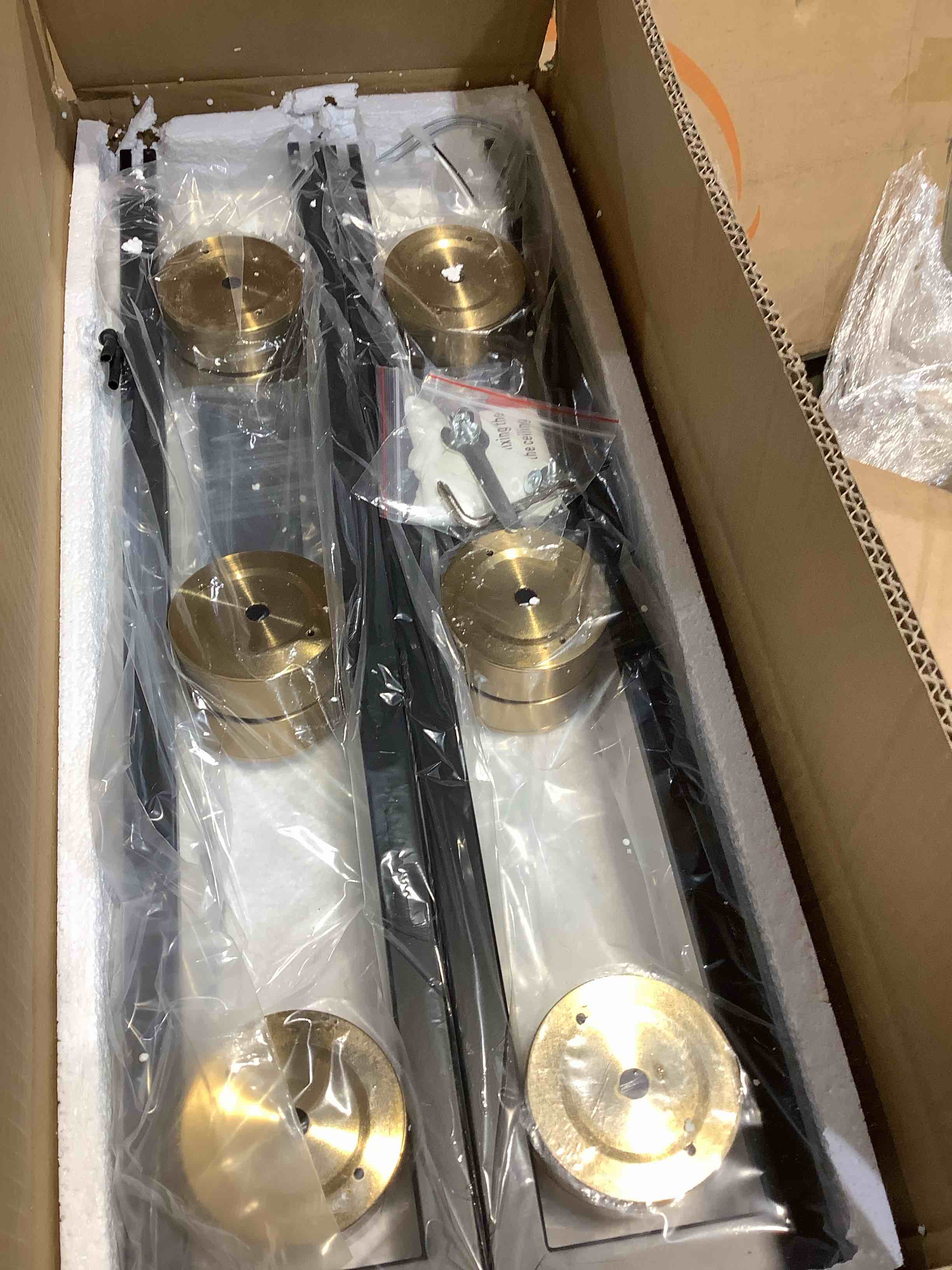 Condition photo showing New/Like New for 6 light disk ceiling light, gold black