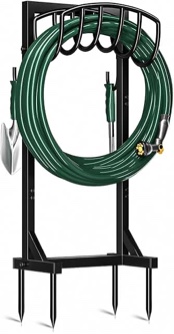 Kesfitt Garden Hose Holder Stand with 4 Spikes & 2 Tool Hooks, Detachable Heavy Duty Metal Freestanding Hose Reel Outdoor Organizer for Lawn Yard Water Storage Rack