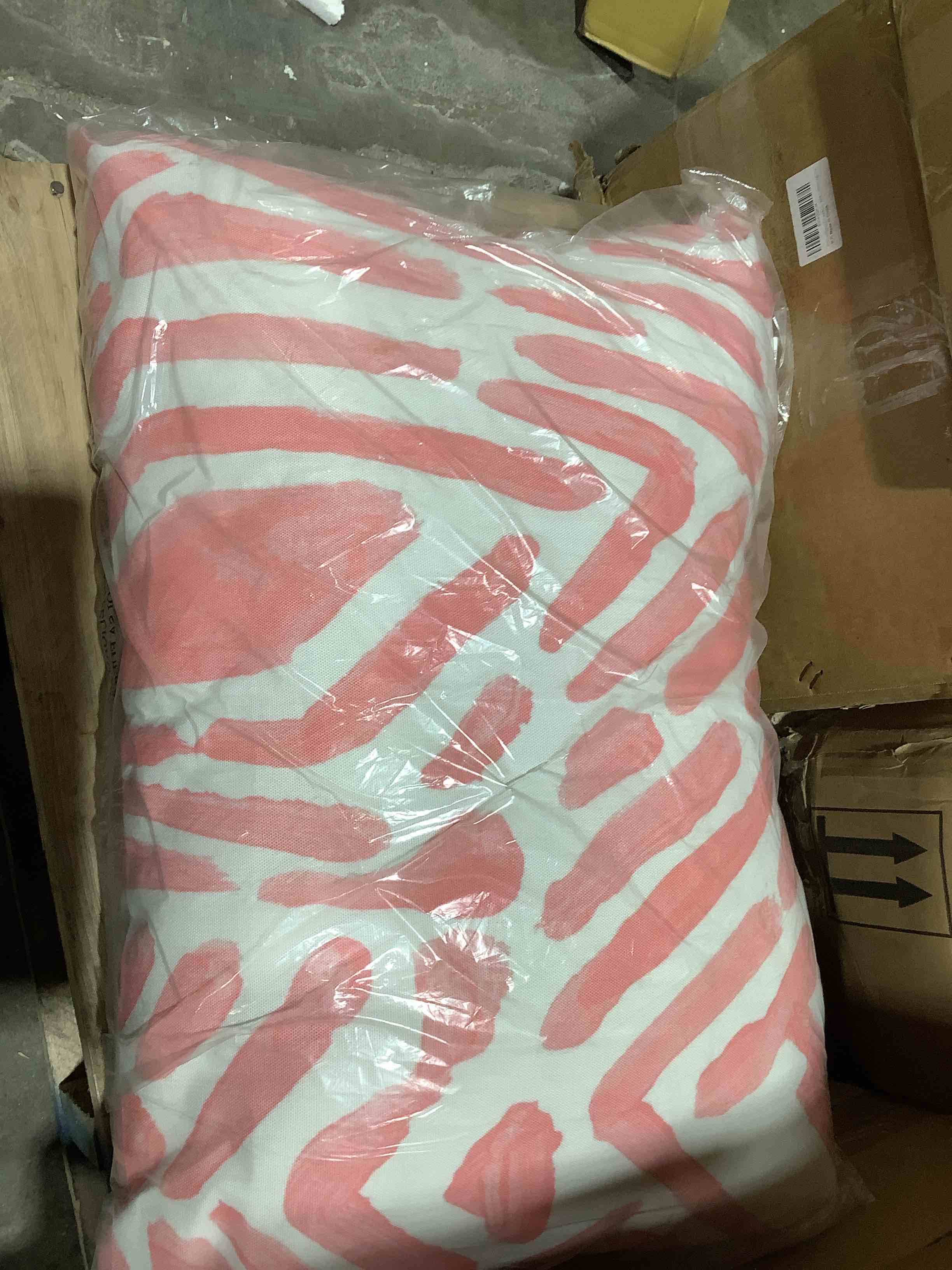 Condition photo showing New/Like New for abstract pink white indoor/outdoor reversible throw pillow