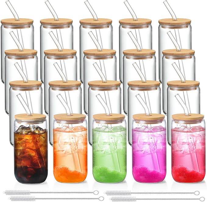 20 Pack Glass Cups with Lids and Straws 16 oz, Personalized Customizable Glasses A175955-16OZ
