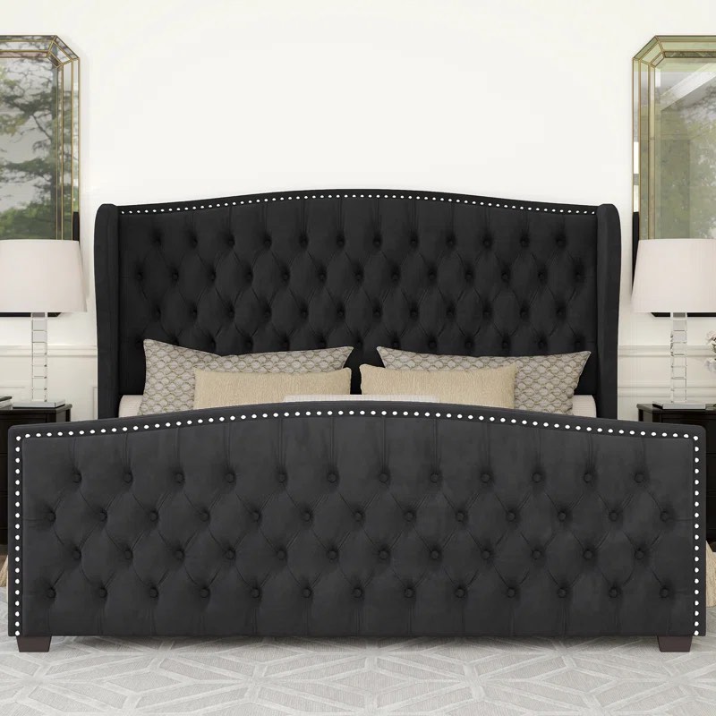 (incomplete) Dujuan Deep Button Tufted Upholstered bed with nailhead trim wing 