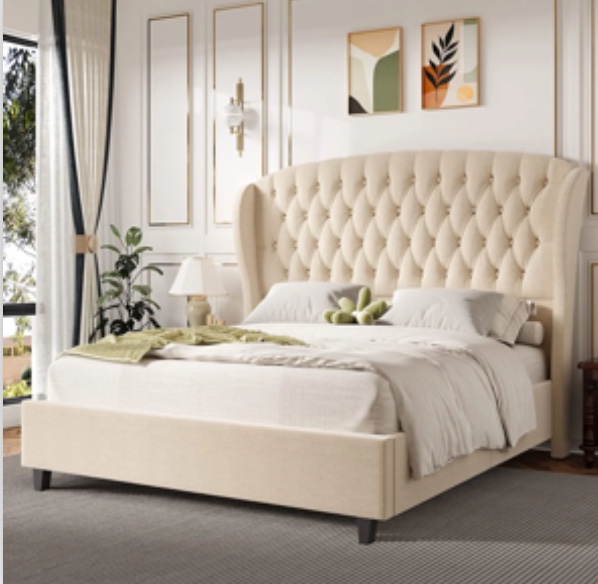 *incomplete,box 2 only* VANACC Upholstered Bed Frame Queen Size Platform Bed Deep Button Tufted Handmade Headboard 