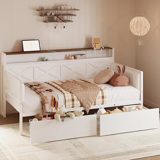 77.5" upholstered daybed with two storage drawers, white