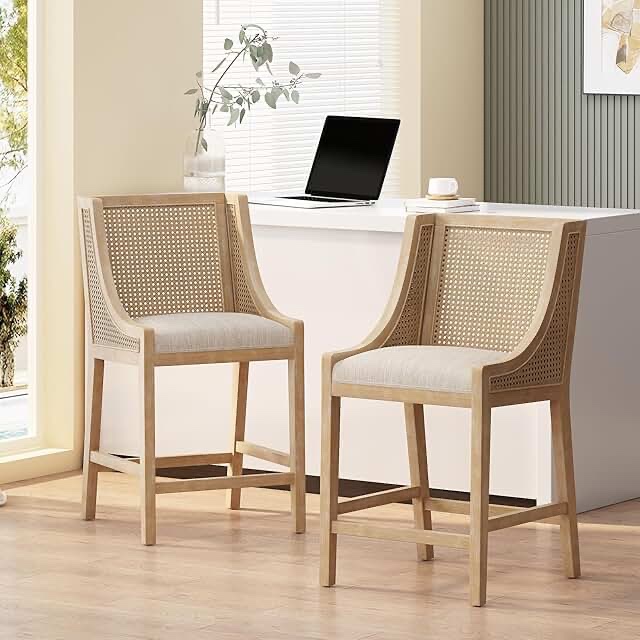 merax 25.5" fabric, upholstered, wood and cane counter stools with backrest french country barstools, 2 chairs