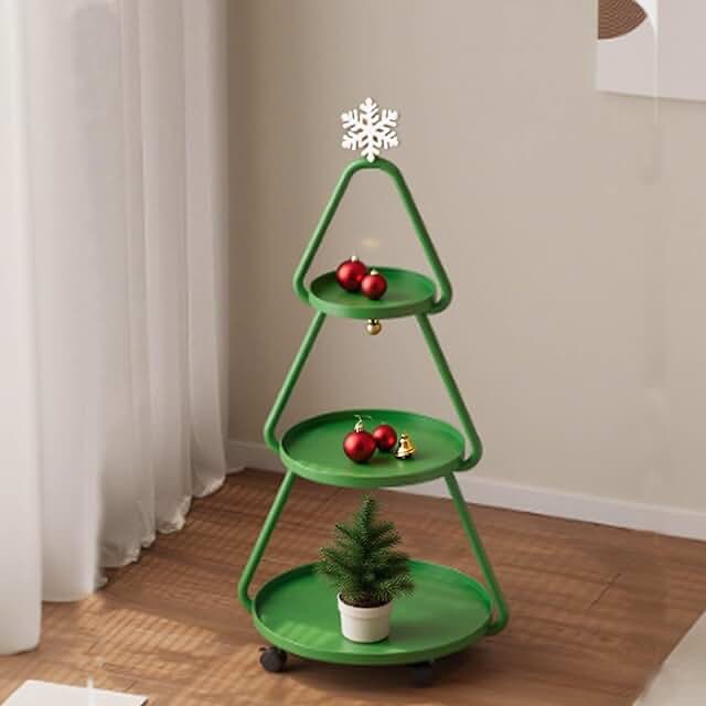 Three tier green tree shaped side table rolling cart