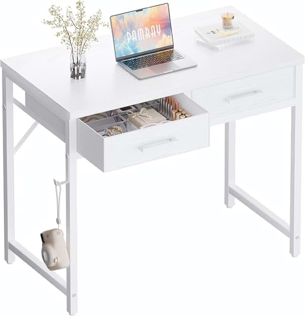 Small office computer desk with two drawers white