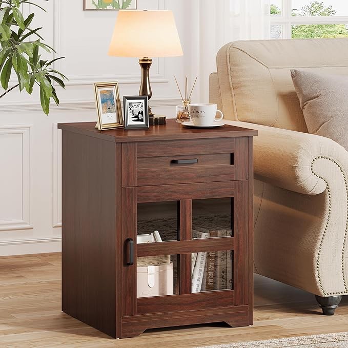 Farmhouse End Table, 18" Side Table with Drawer and Barn Door Storage, Wood Sofa Side Bedside Table for Living Room, Bedroom (Espresso)