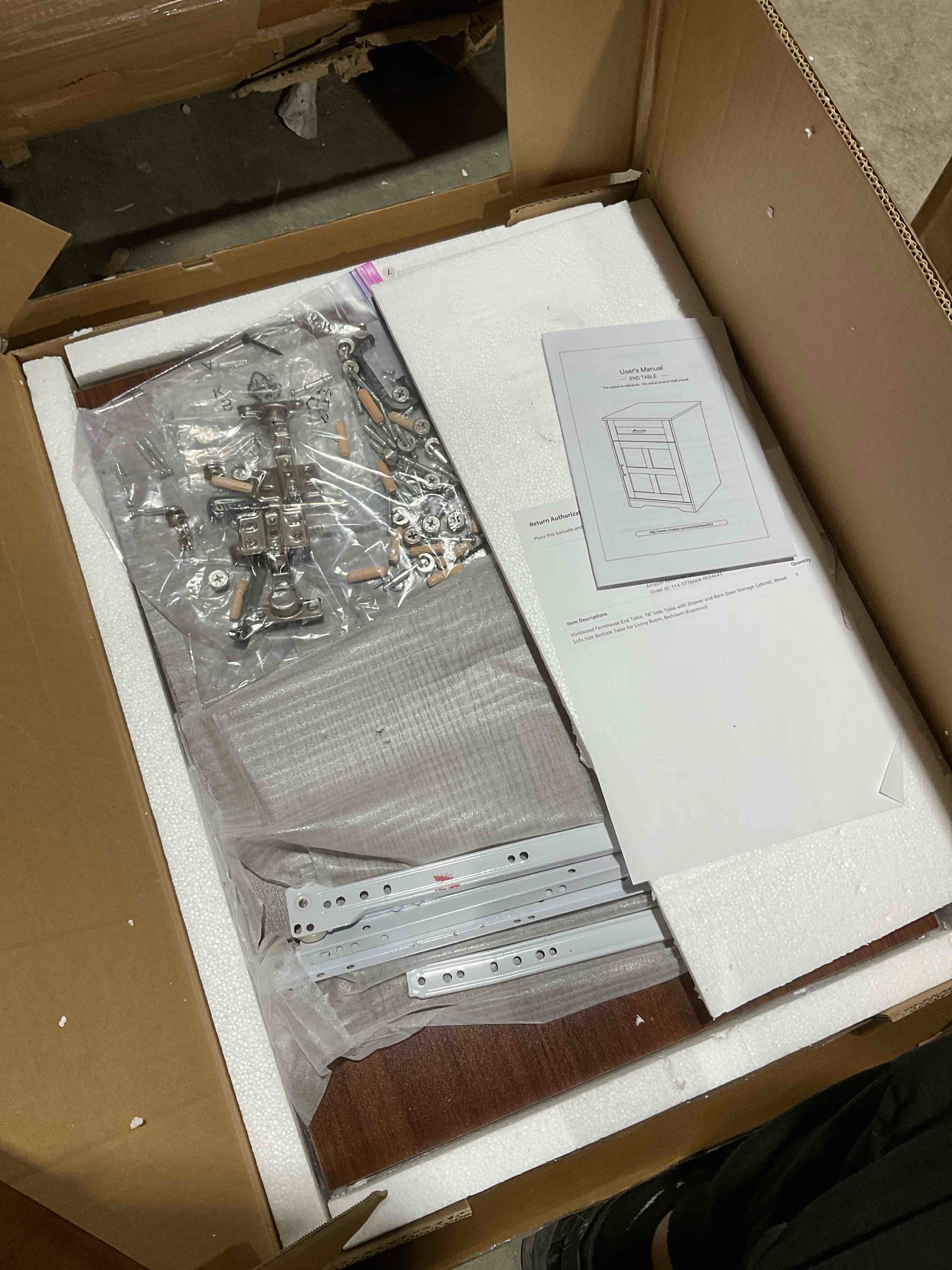 Condition photo showing New/Like New for Farmhouse End Table, 18" Side Table with Drawer and Barn Door Storage, Wood Sofa Side Bedside Table for Living Room, Bedroom (Espresso)