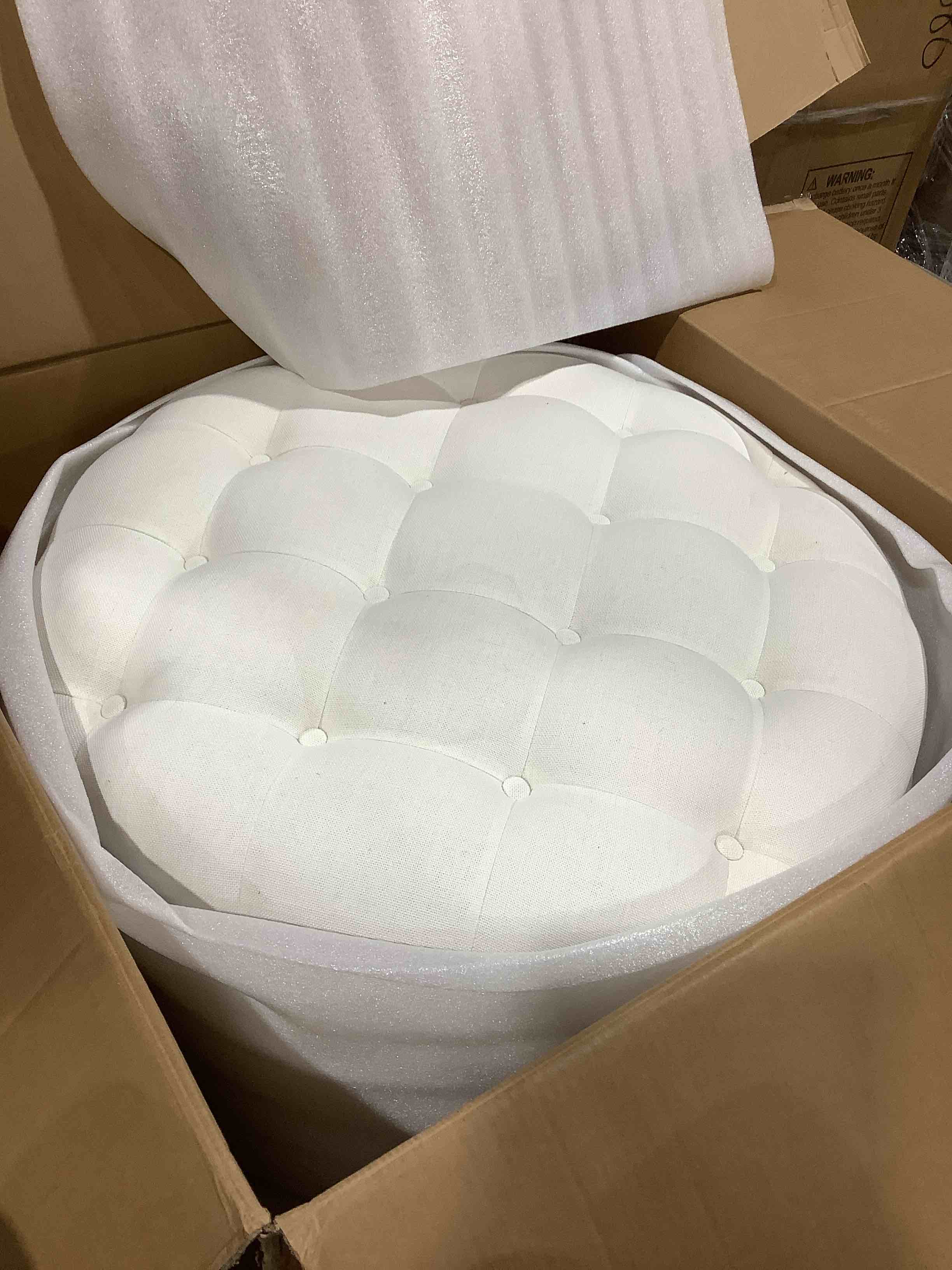 Condition photo showing Good Condition for 30Inch Round Storage Ottoman with Tray, Modern Tufted Fabric Circle Coffee Table with Storage, Upholstered Ottoman with Removable Top for Living Room, Bedroom, white