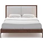 King size walnut bed with gray fabric headboard, incomplete 