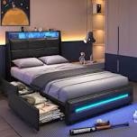LED Upholstered platform bed frame with 4 storage drawers, black, incomplete 