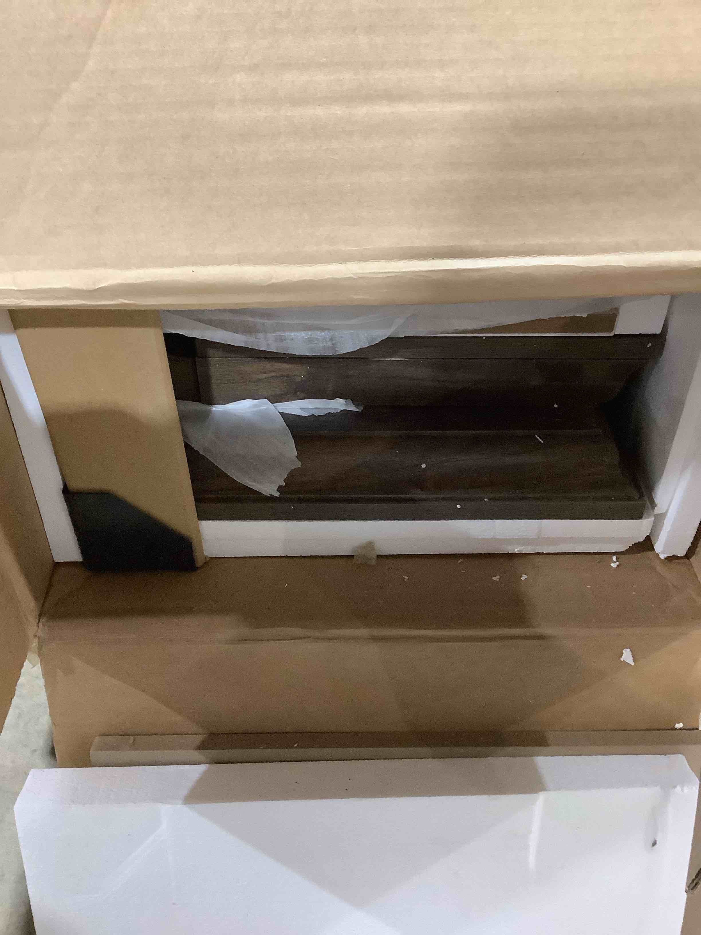 Condition photo showing Good Condition for Lehman 70". Fireplace mantle, white and brown.