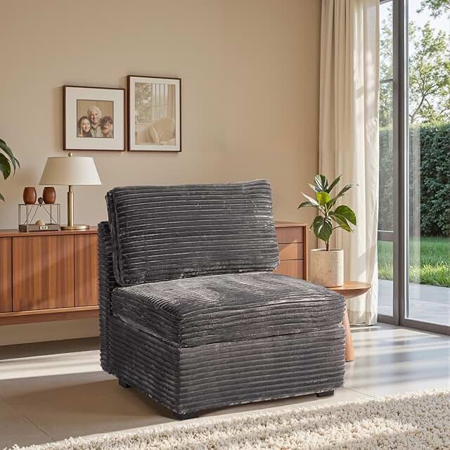 Grey upholstered, corduroy armless chair