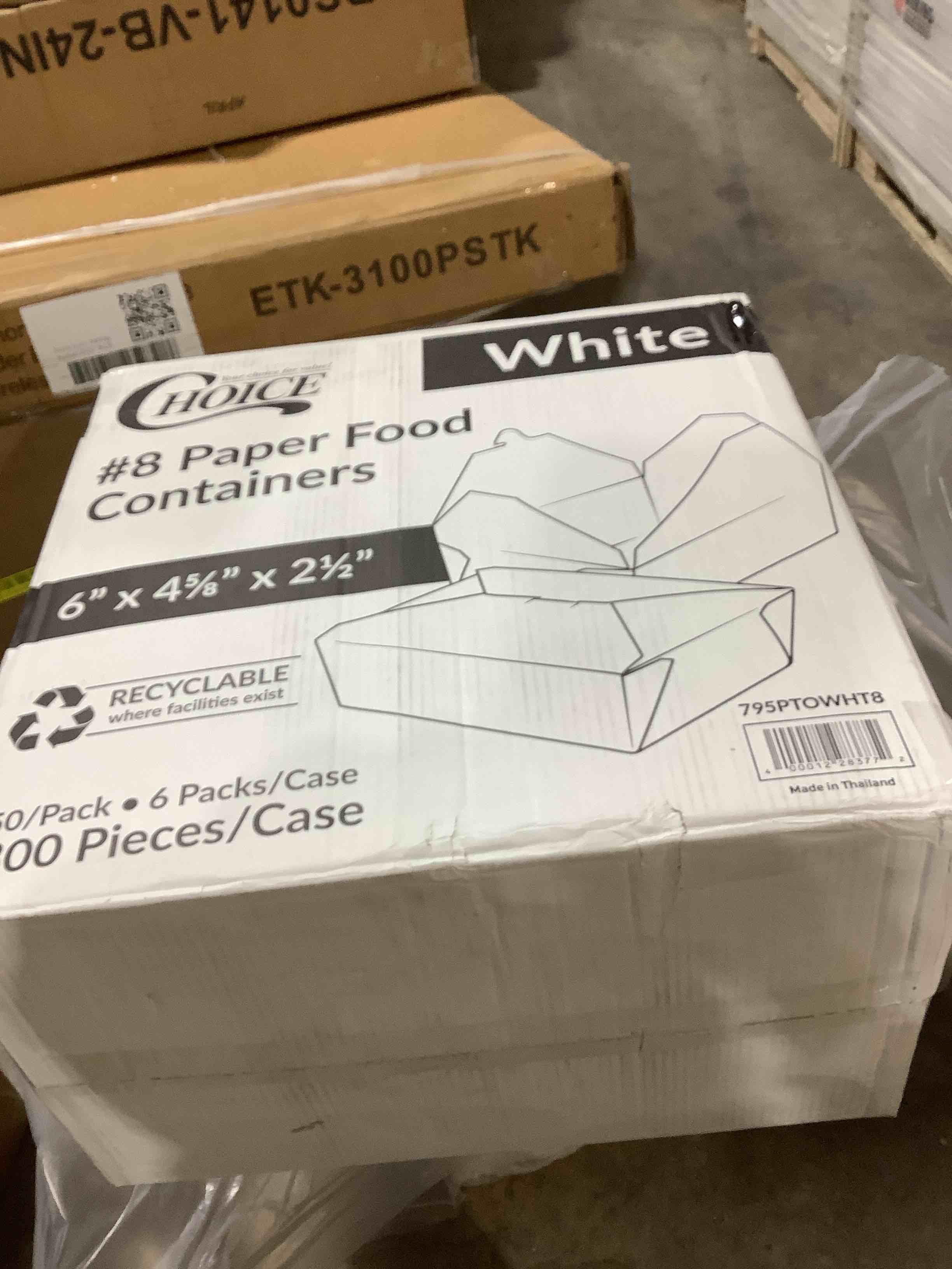 Condition photo showing New/Like New for Choice number eight paper food containers, 6" x 4.58" x 2 1/2" white