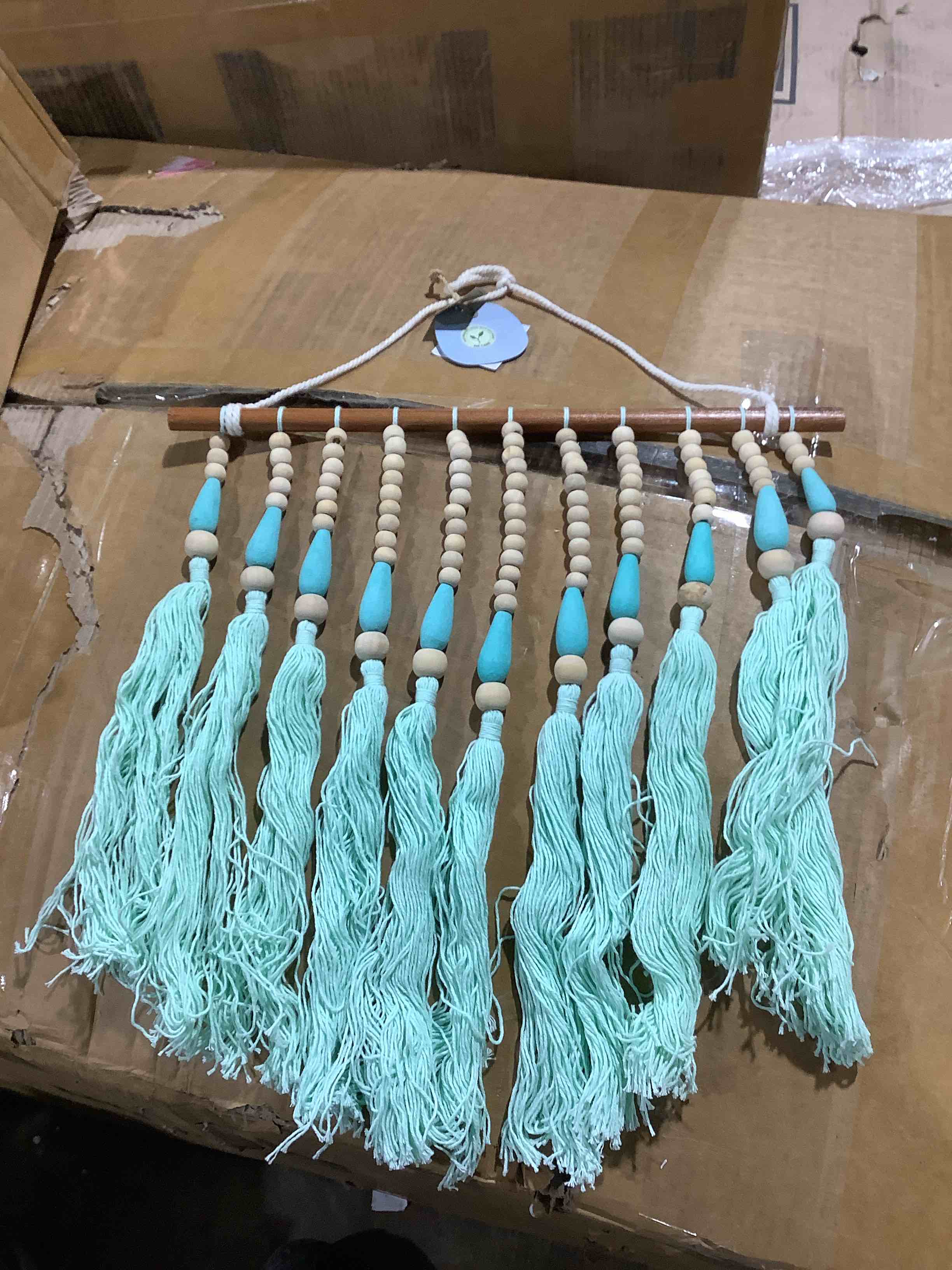 Condition photo showing New/Like New for teal dream catcher decmode multi colored cotton handmade beaded macrame wall decor with fringe
