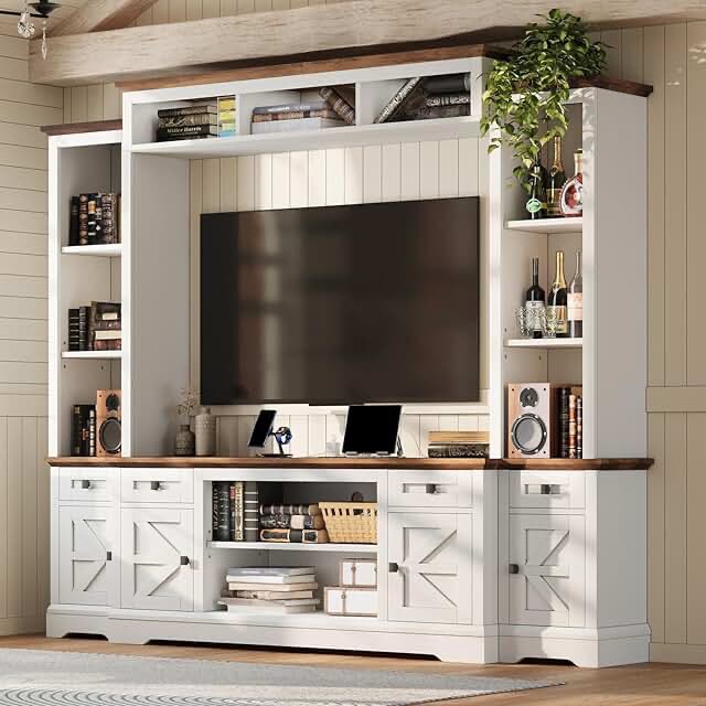 farmhouse 98 inch wall unit tv stand, white