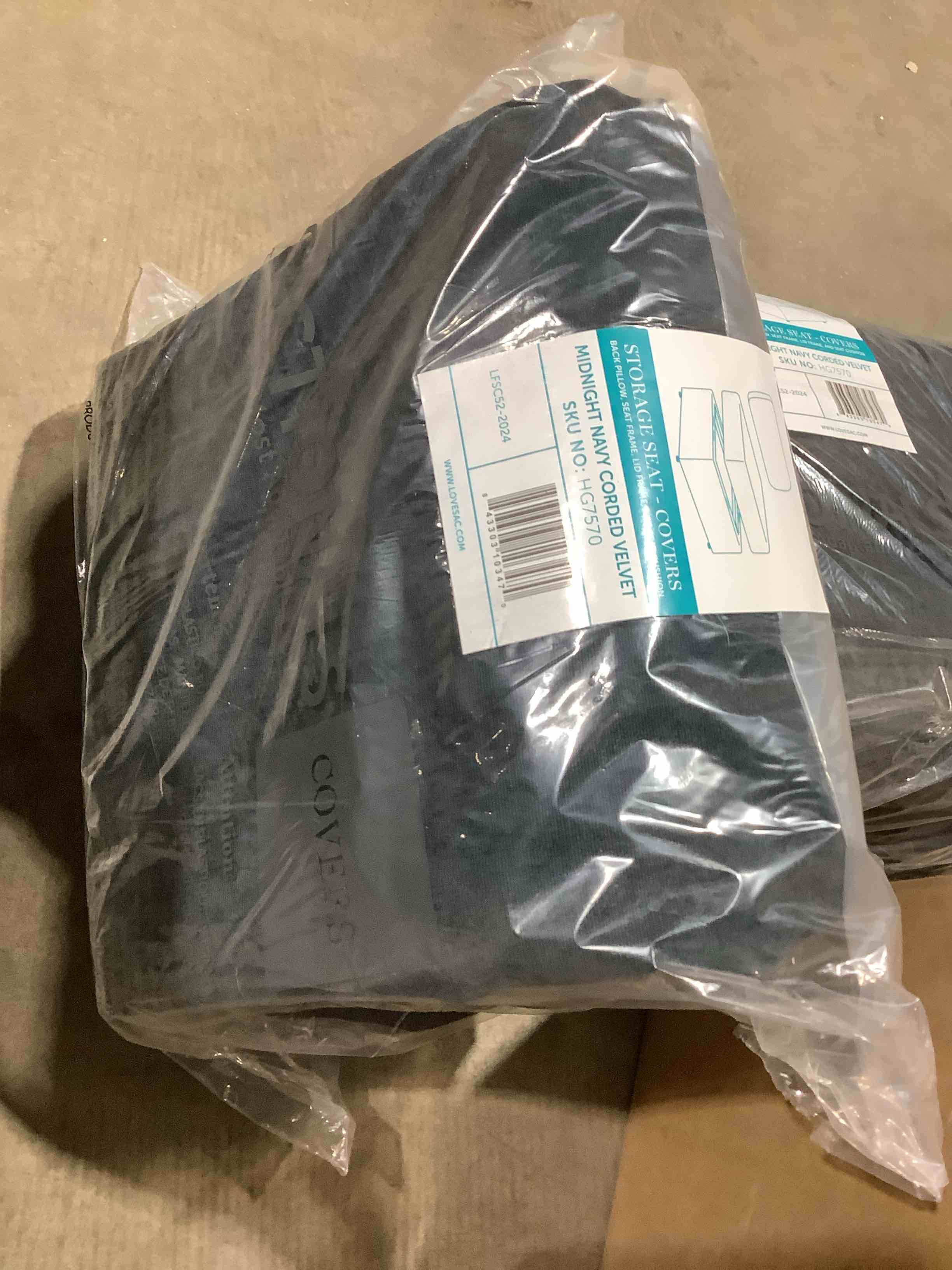 Condition photo showing New/Like New for Midnight, navy corded velvet storage seat cover