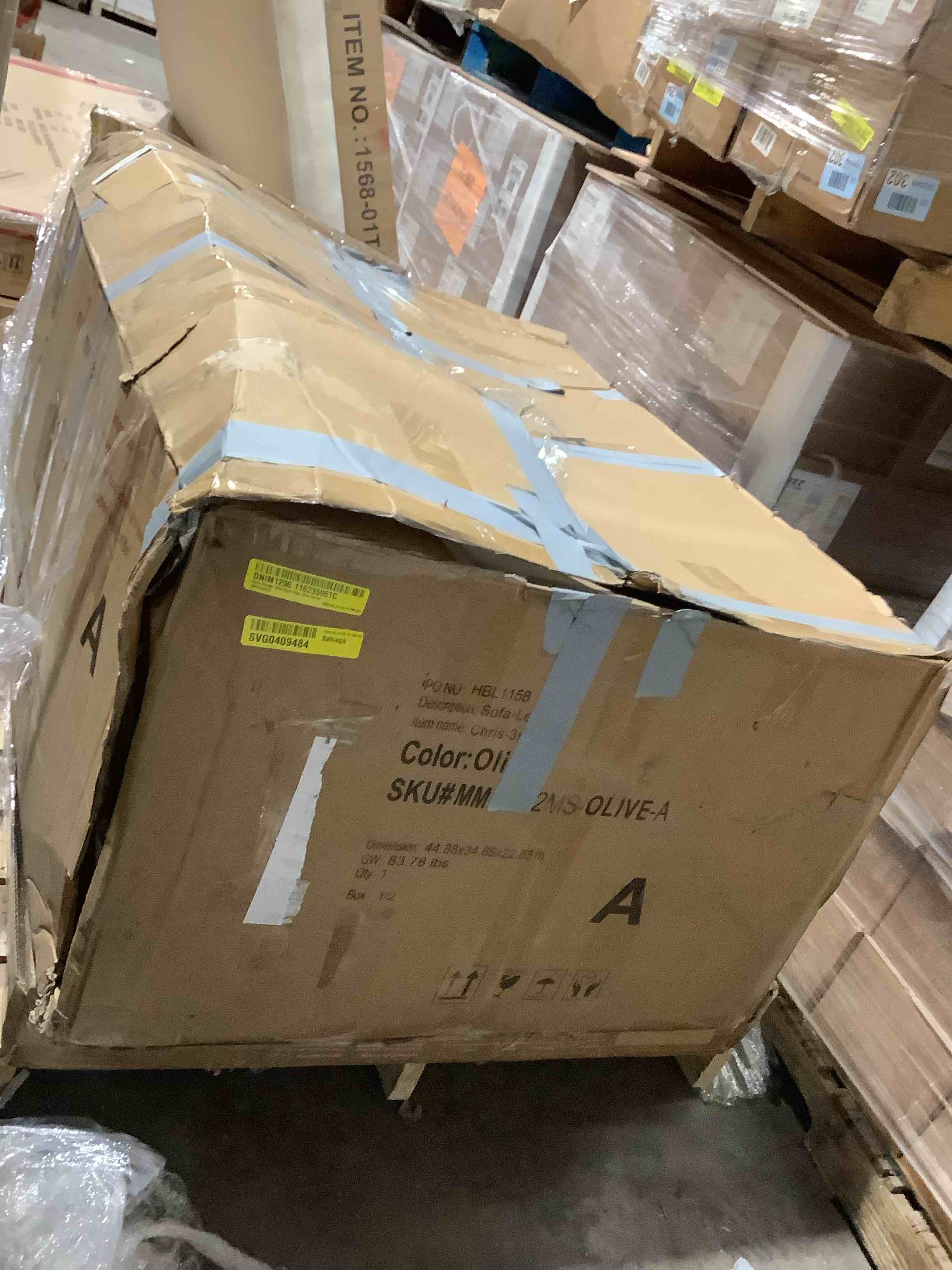 Condition photo showing Good Condition for Chris Olive three cedar sofa, right side olive velvet, incomplete 