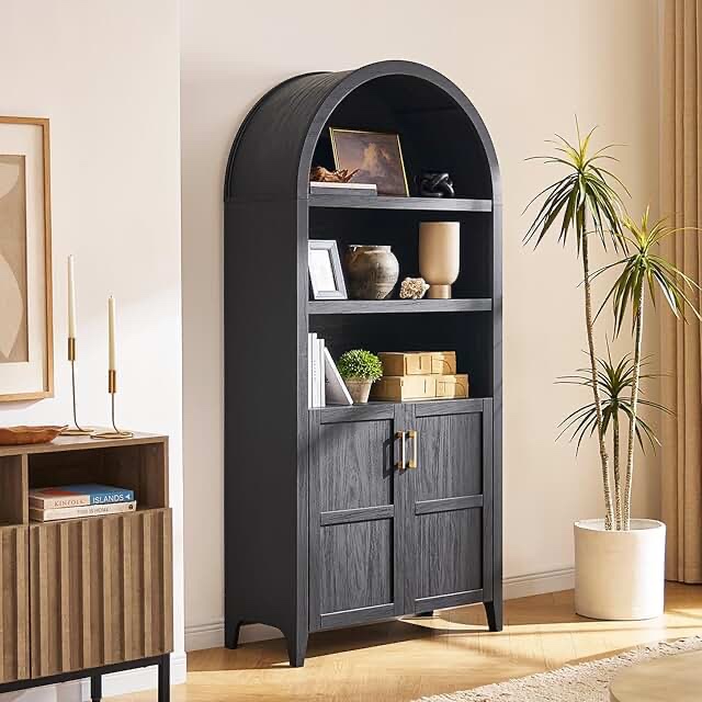 mopio lauren 77.4" tall arched cabinet, 5-tier arched bookcase with doors and adjustable shelves, arch bookshelf with storage, wooden storage cabinet for living room and kitchen pantry (black)