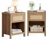 rattan nightstand set: boho end table with drawer and storage shelf, farmhouse cane accent bedside night stands for bedroom small space sofa 