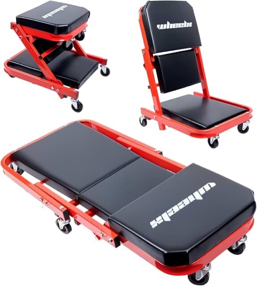 Mechanic Creeper 36-inch 3-in-1 Mode Z Seat 340lbs Capacity, Foldable Garage Adjustable Rolling Folding with 6pcs Wheels Roller, Lay Down Sit Lean Back, Under Car Auto Repair (Red Frame)