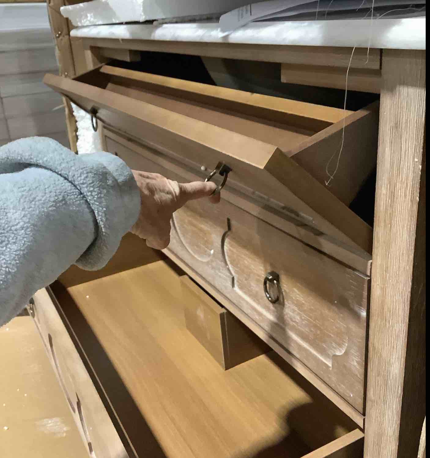 Condition photo showing New/Like New for Formosa Bradford 36" w x 22" d 4 drawers light brown vanity, white marble vanity top