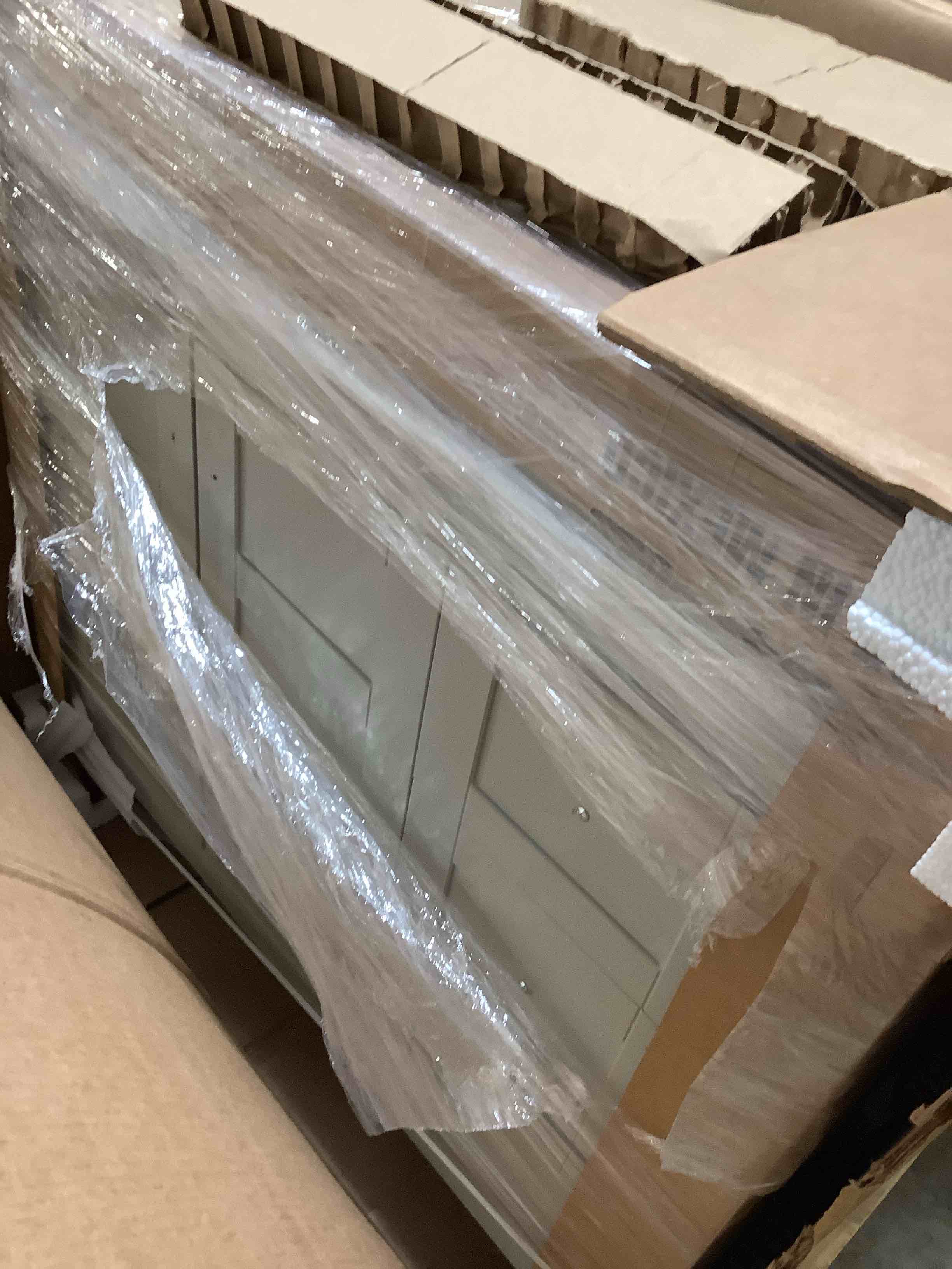 Condition photo showing New/Like New for 36.5 inch single bathroom vanity with cultured marble top, gray three drawers