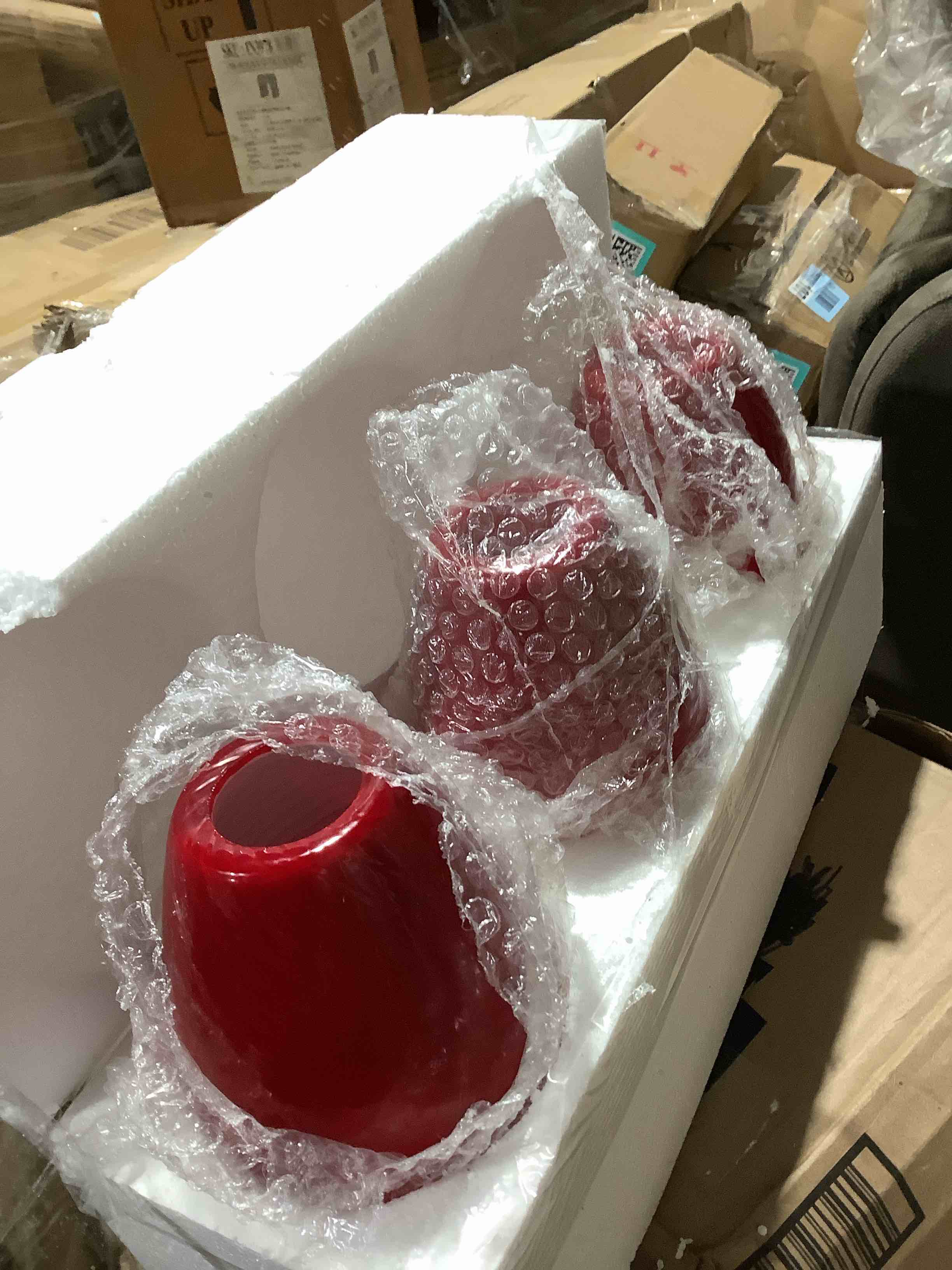 Condition photo showing New/Like New for Three pack 7.64 inch art, glass, oval pendant shade with red swirls