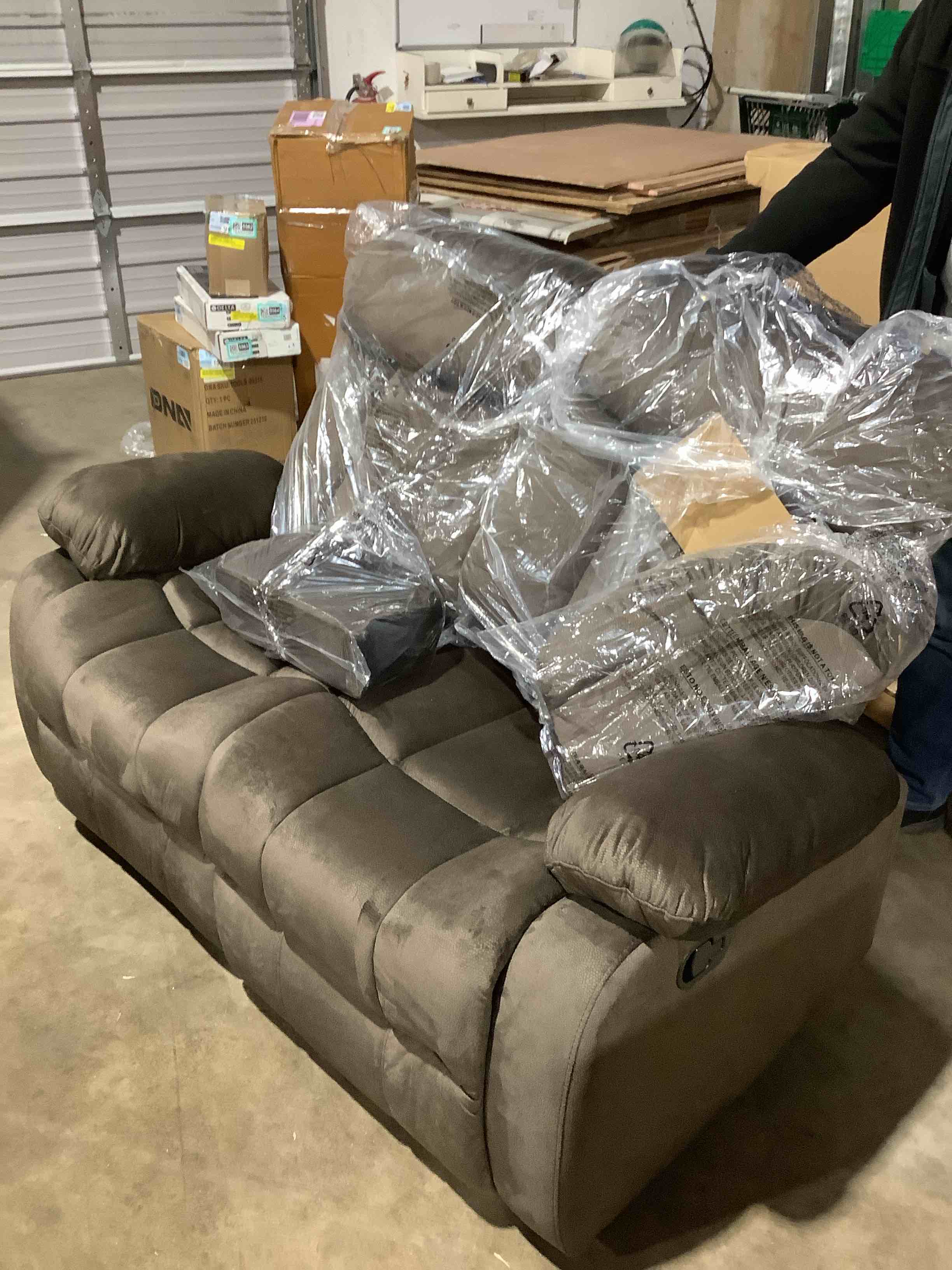 Condition photo showing New/Like New for 62" Microsuede Manual Reclining Loveseat, 2 Seater Recliner, tobacco brown