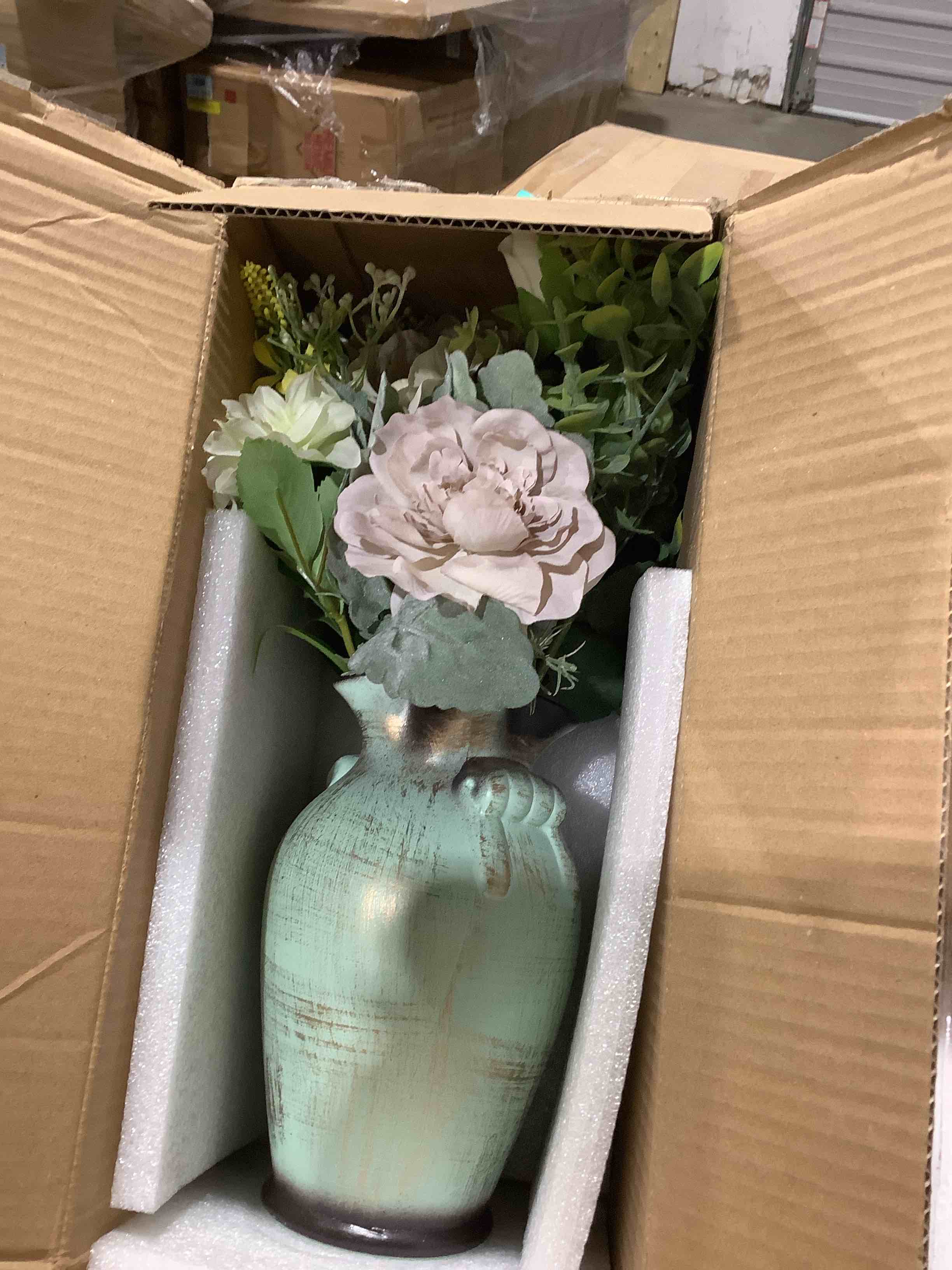 Condition photo showing New/Like New for Faux Artificial flowers and ceramic green vase