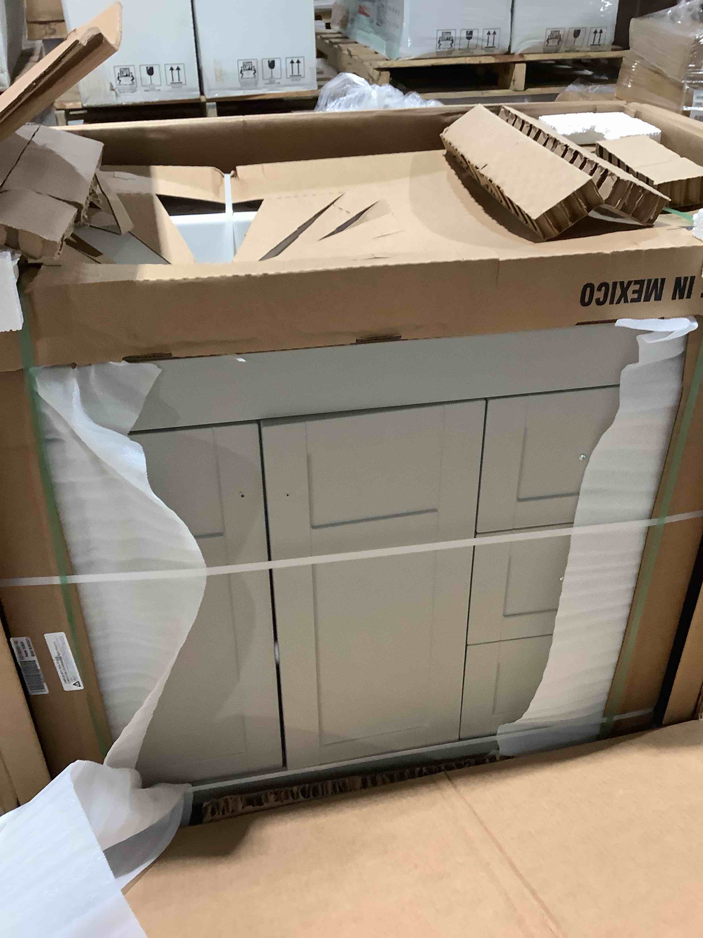 Condition photo showing New/Like New for 36.5 inch single bathroom vanity with cultured marble top gray