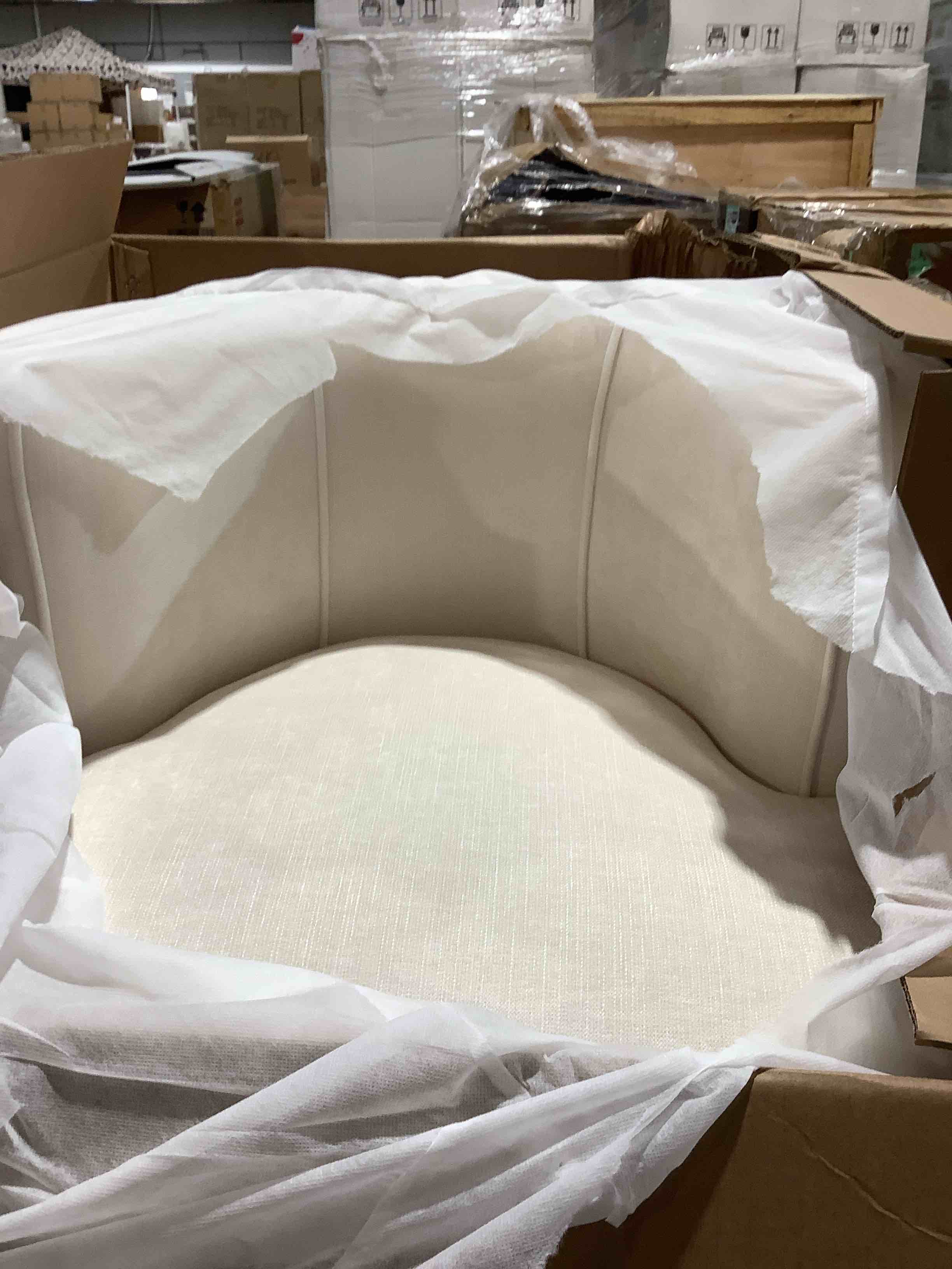 Condition photo showing New/Like New for Accent Barrel Linen Upholstered Beige Chair with Wood Legs