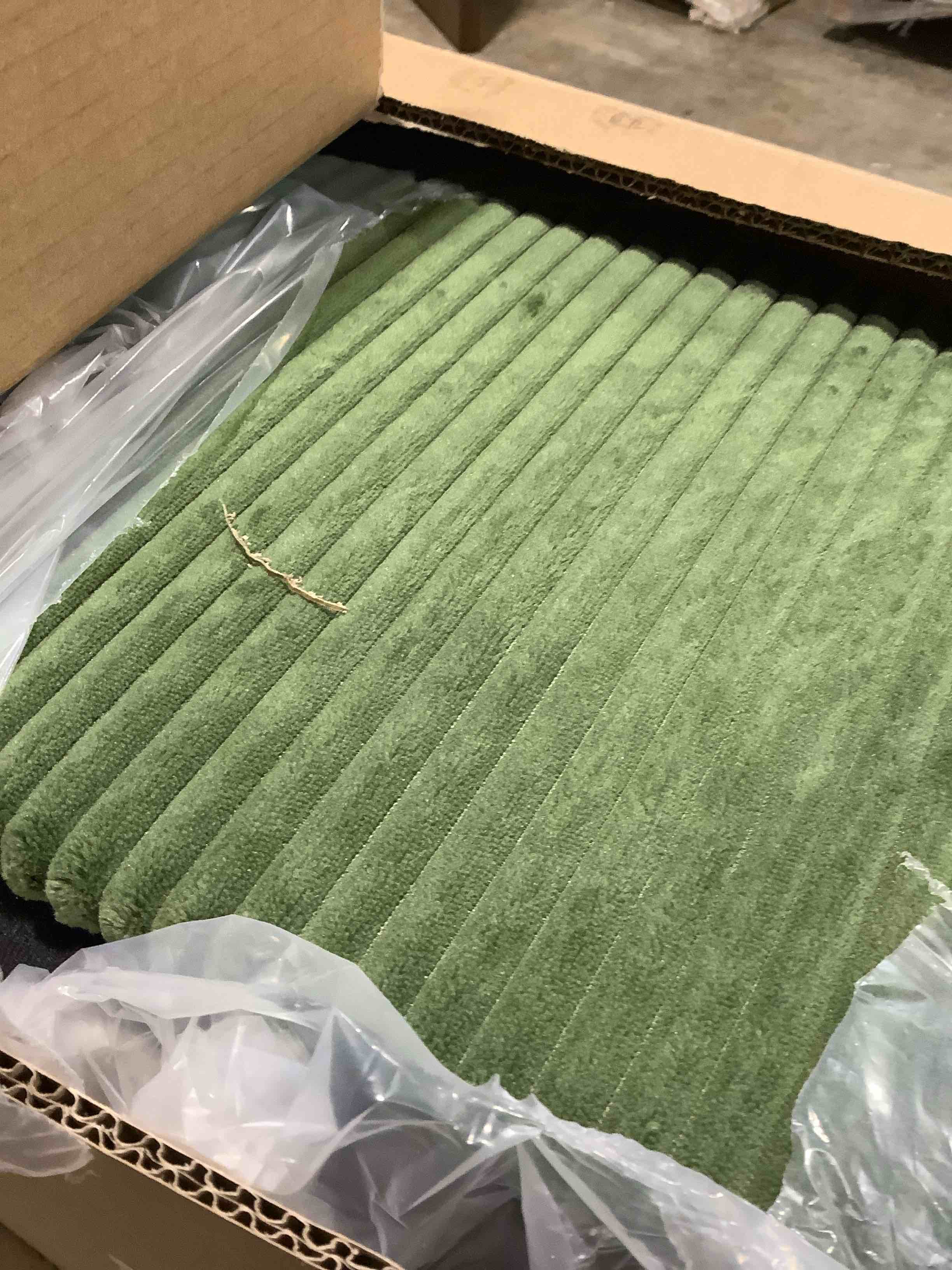 Condition photo showing Good Condition for Corduroy, green upholstered sofa, couch sectional, incomplete 