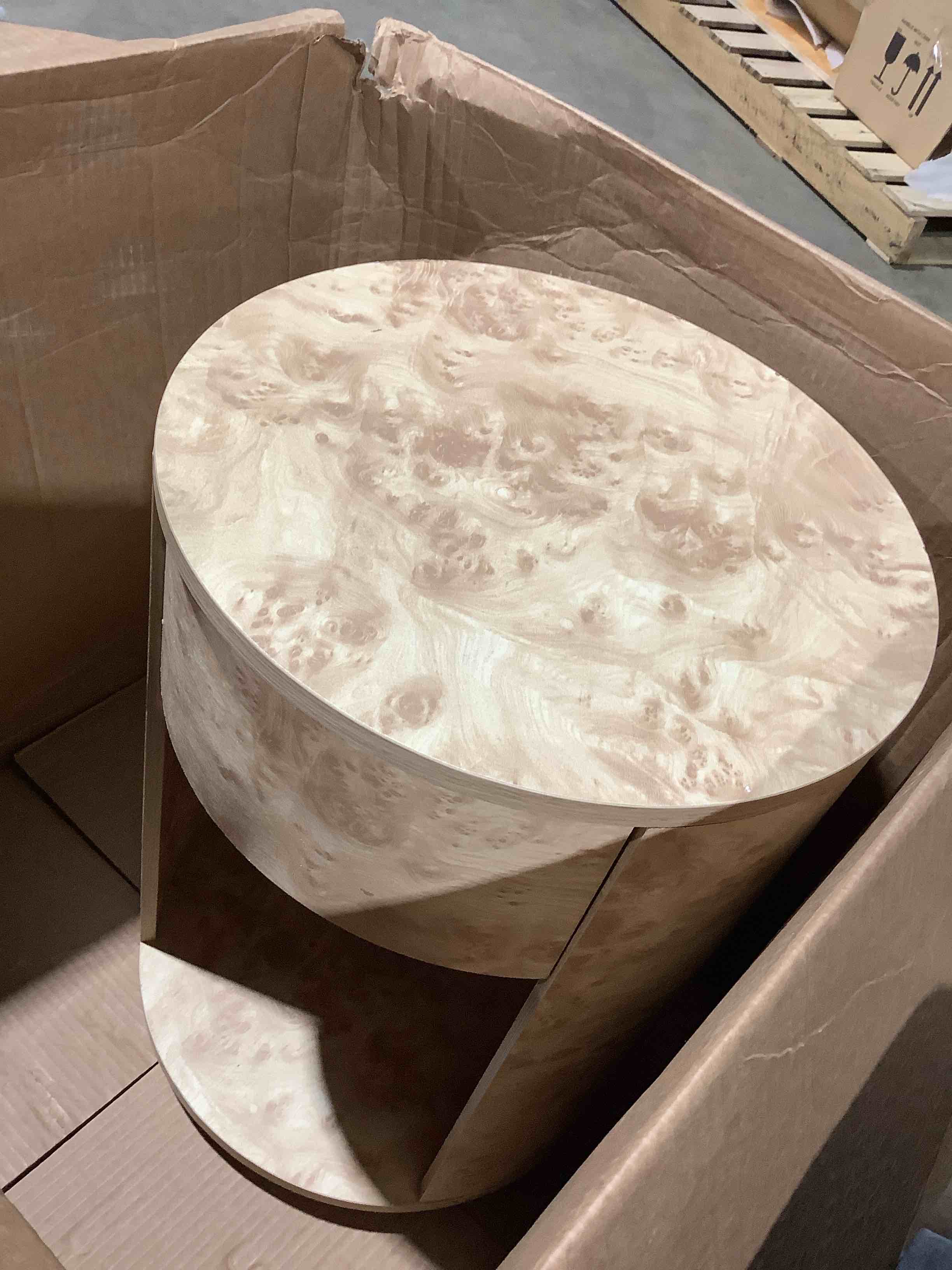 Condition photo showing Good Condition for 1 Drawer Burl Wood Round End Table 