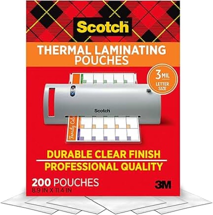 Scotch Thermal Laminating Pouches,200 Pack Laminating Sheets,3 Mil,8.9 x 11.4 Inches, Education Supplies & Craft Supplies, For Use With Thermal Laminators, Letter Size Sheets (TP3854-200)
