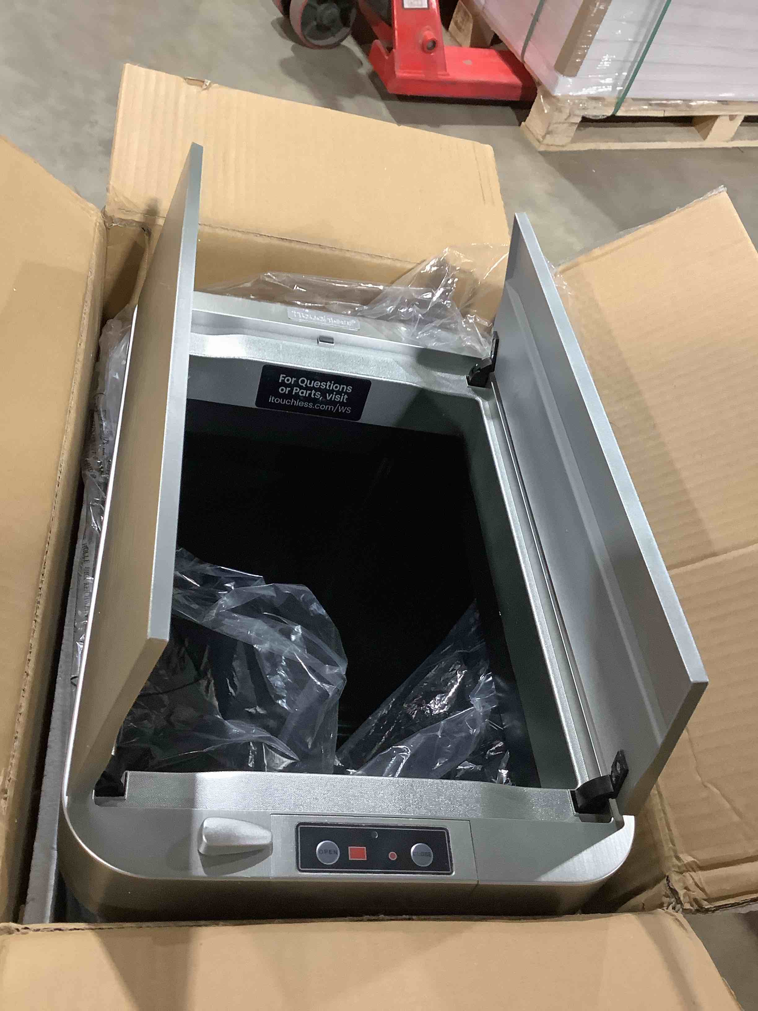 Condition photo showing New/Like New for iTouchless - 18 Gallon Touchless Sensor Wings Lid Trash Can with Pet-Proof Lid and AbsorbX Odor Control, Stainless Steel Kitchen Bin - Silver