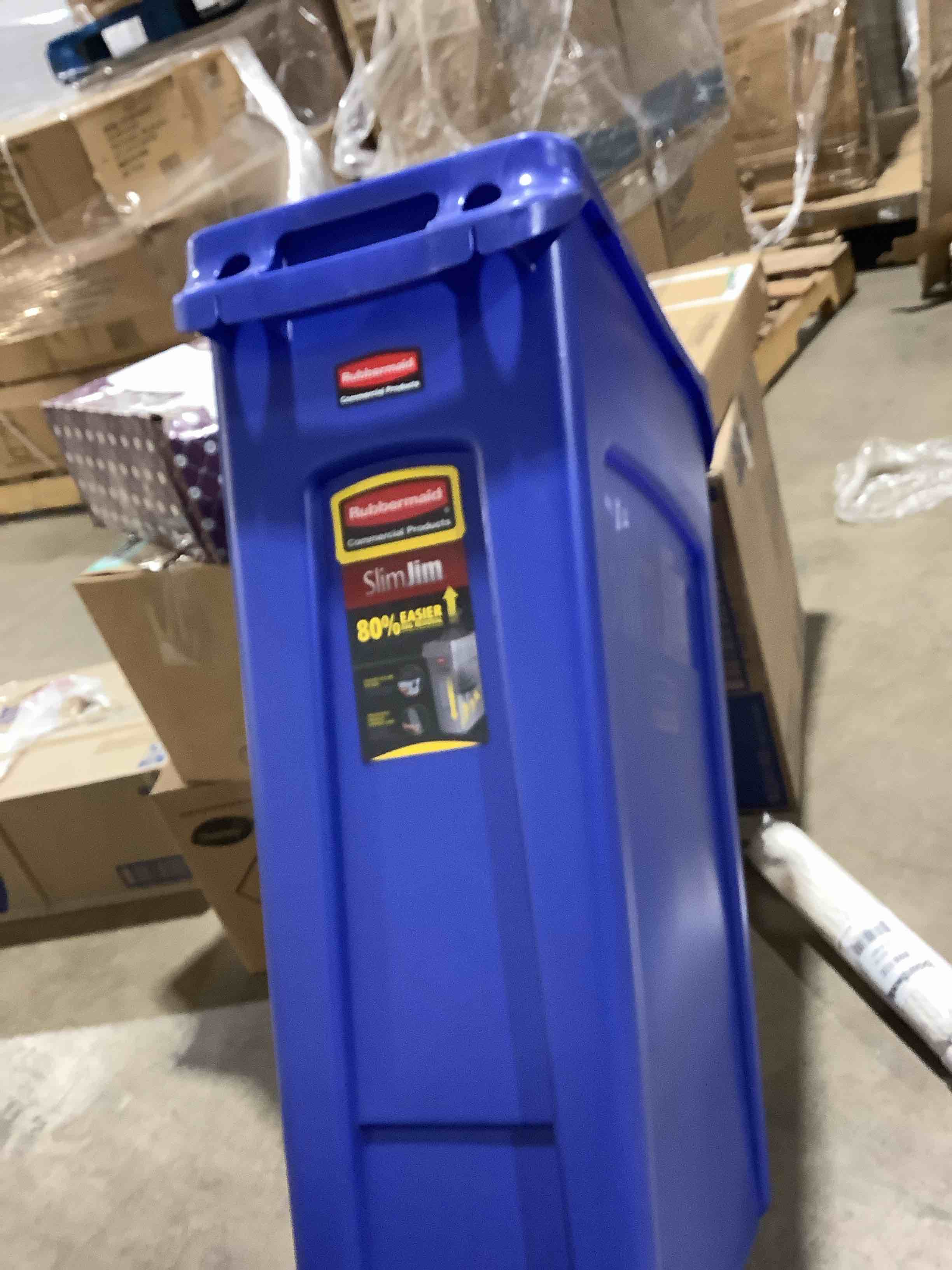 Condition photo showing New/Like New for Rubbermaid Commercial Products Slim Jim Trash/Garbage Can with Venting Channels 23-Gallon Blue for Kitchen/Office/Workspace Pack of 4