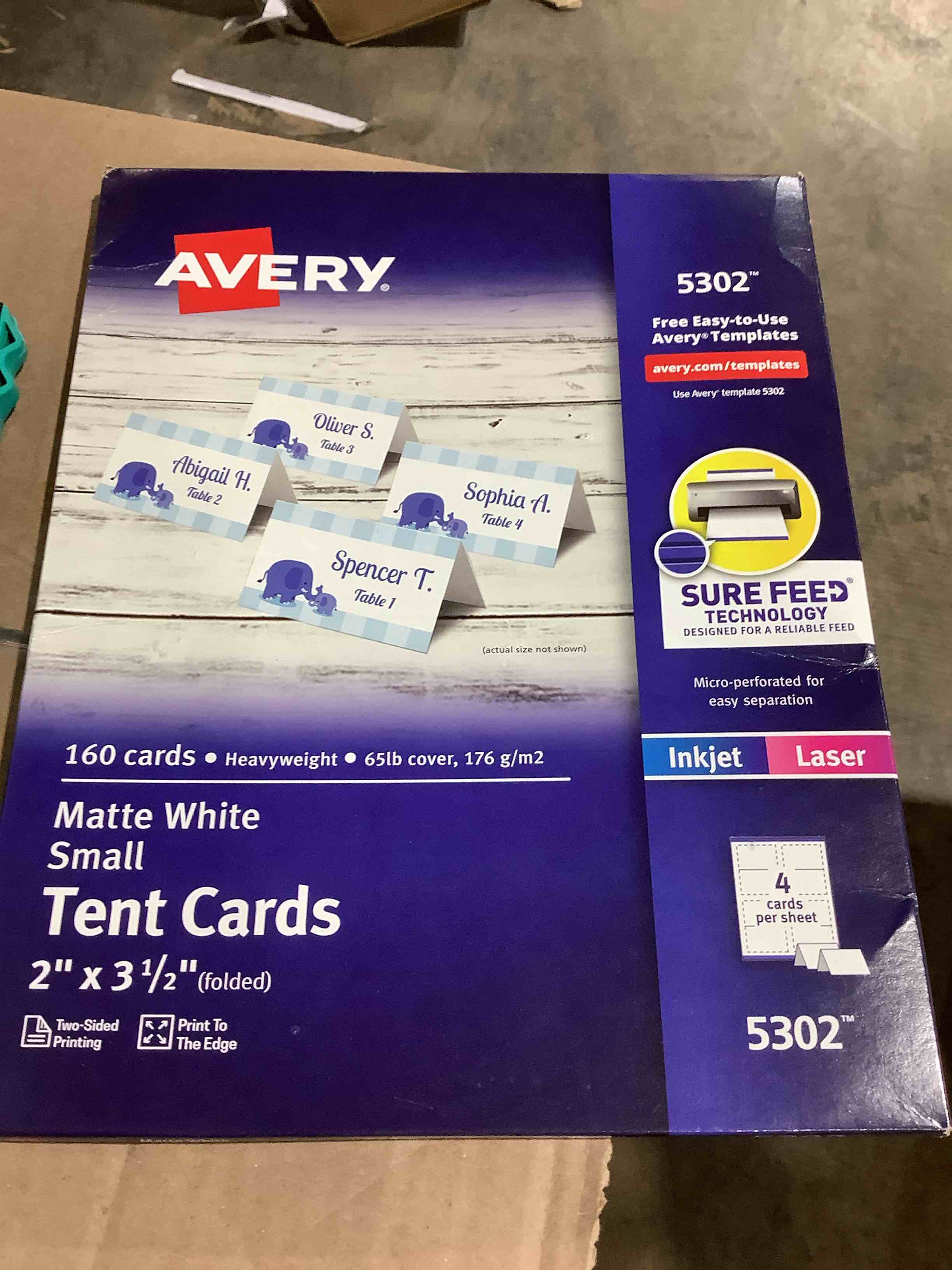 Condition photo showing Good Condition for Avery Printable Small Tent Cards with Sure Feed Technology  2  x 3.5   White  160 Blank Place Cards for Laser or Inkjet Printers (5302)