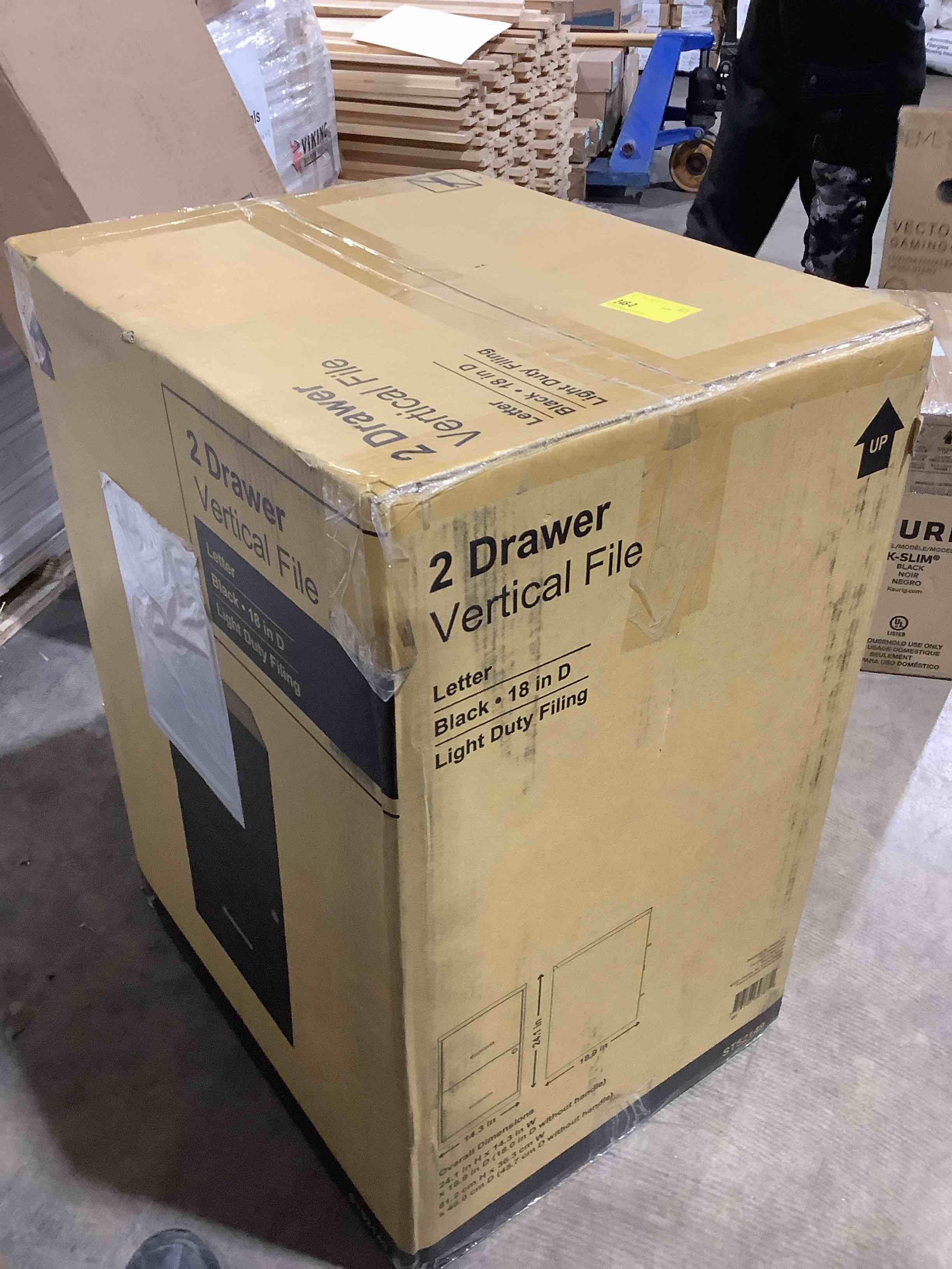 Condition photo showing New/Like New for Staples two drawer vertical file cabinet for letters, black 18 inch deep light duty filing