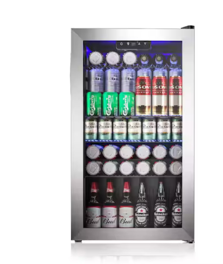 18 in. Single Zone 126-Cans Freestanding/ Built-in Beverage and Wine Cooler Fridge in Silver with Reversible Door