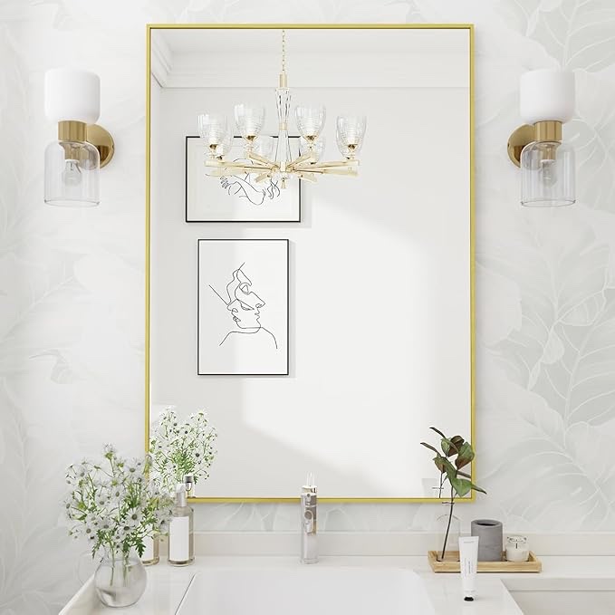 koonmi gold mirrors for wall,30 x 40 inch bathroom mirror, rectangular wall mirror for living room bedroom bathroom, hangs horizontally or vertically